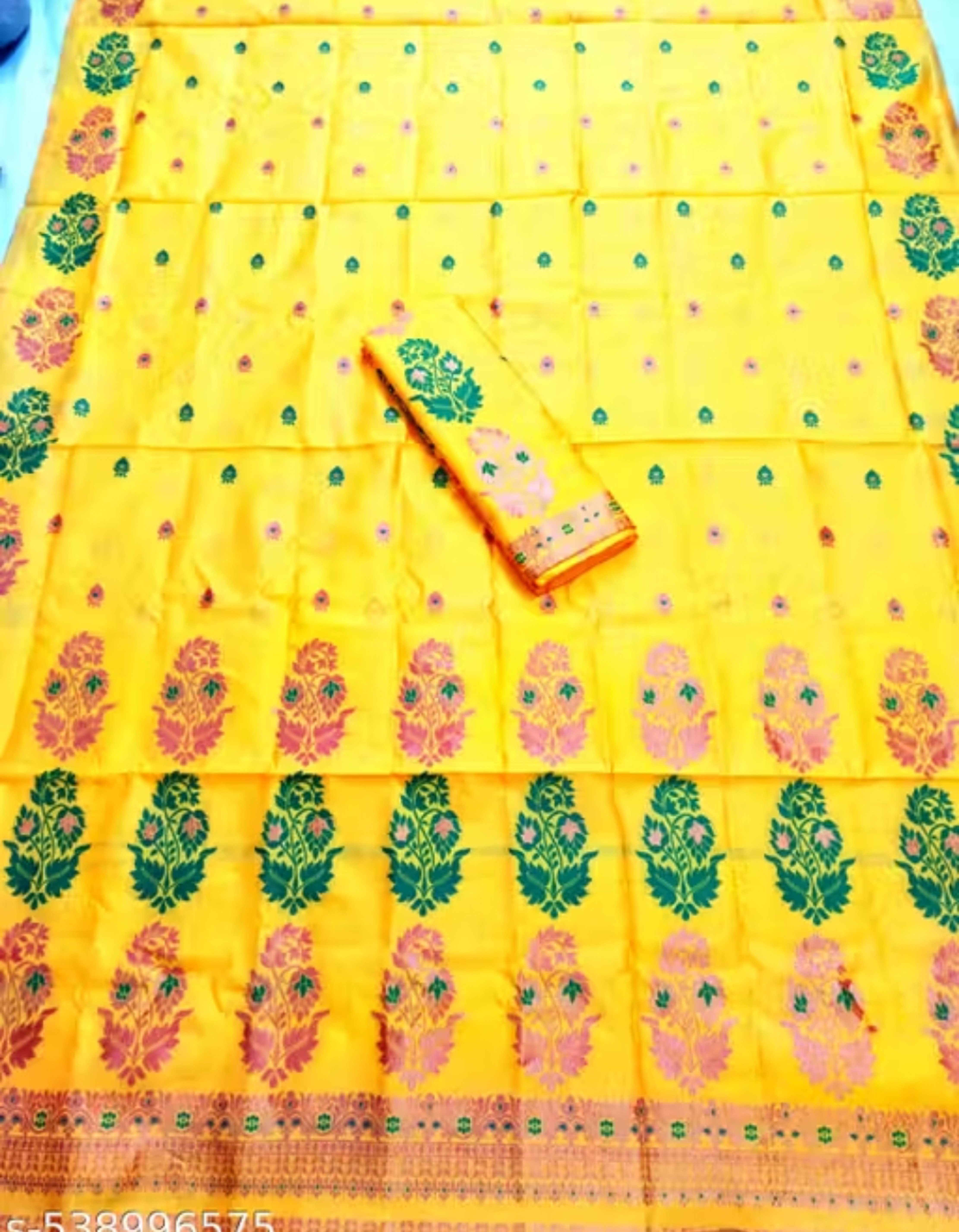 Women`s Assamese Mekhela Sador Paat Santal Panchi Lungi Parhar Fabric of Soft Silk Traditional Design- Yellow Green