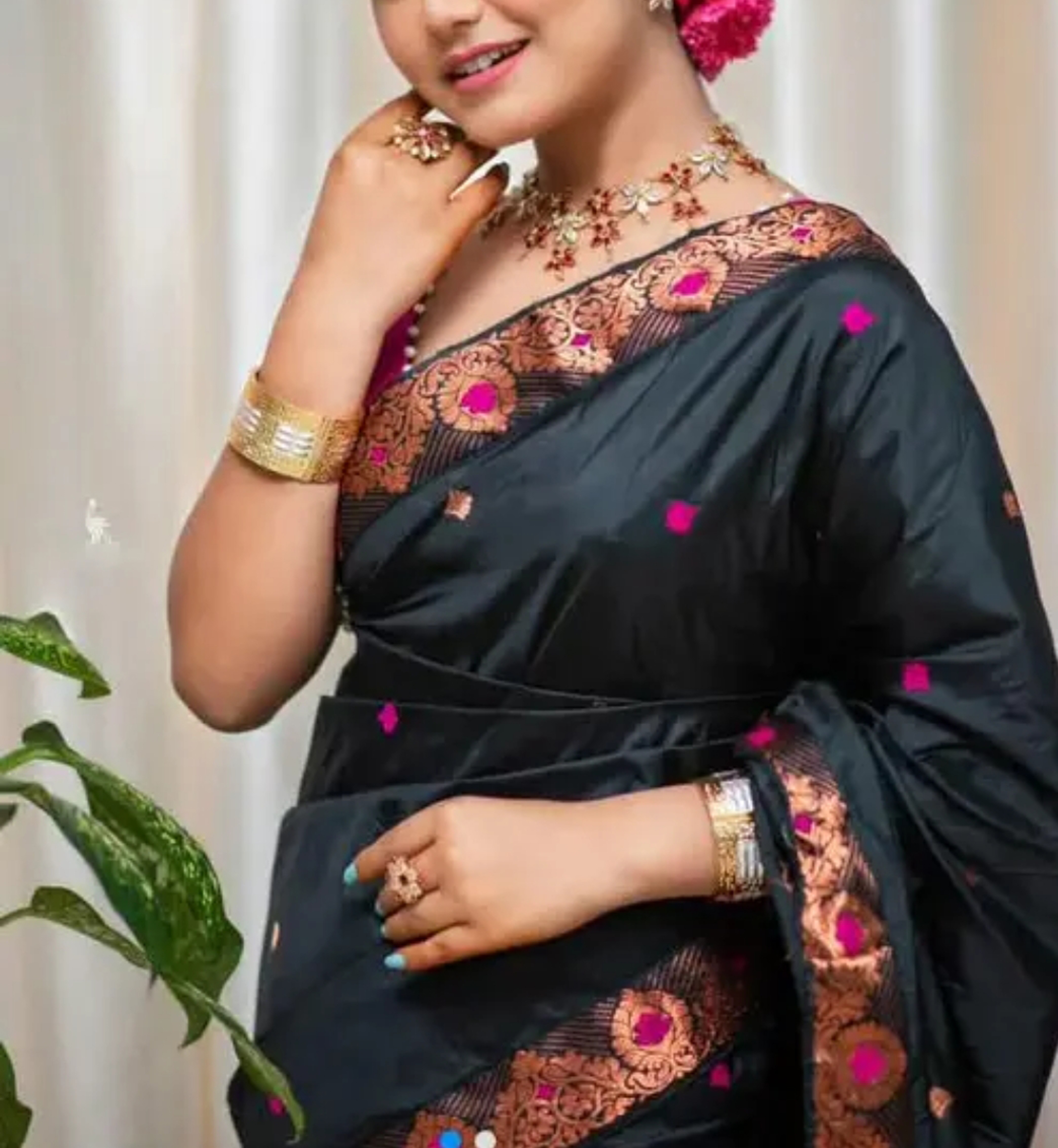 Bridal Cream Green Assamese Mekhela Sador Handcrafted Chador - Black Pink