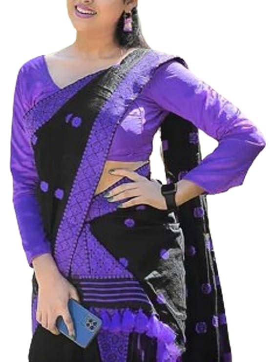 Women`s Assamese Mekhela Sador Paat Santal Panchi Lungi Parhar Fabric of Soft Silk Traditional Design- Fuchsia (Purple)
