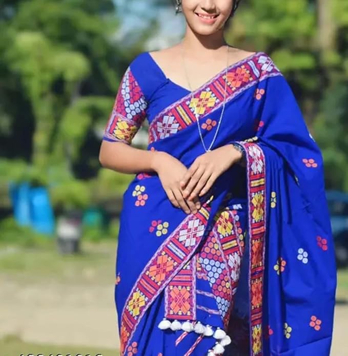 Women`s Assamese Mekhela Sador Santal Panchi Lungi Parhar Fabric of Soft Silk Traditional Design- Blue Design
