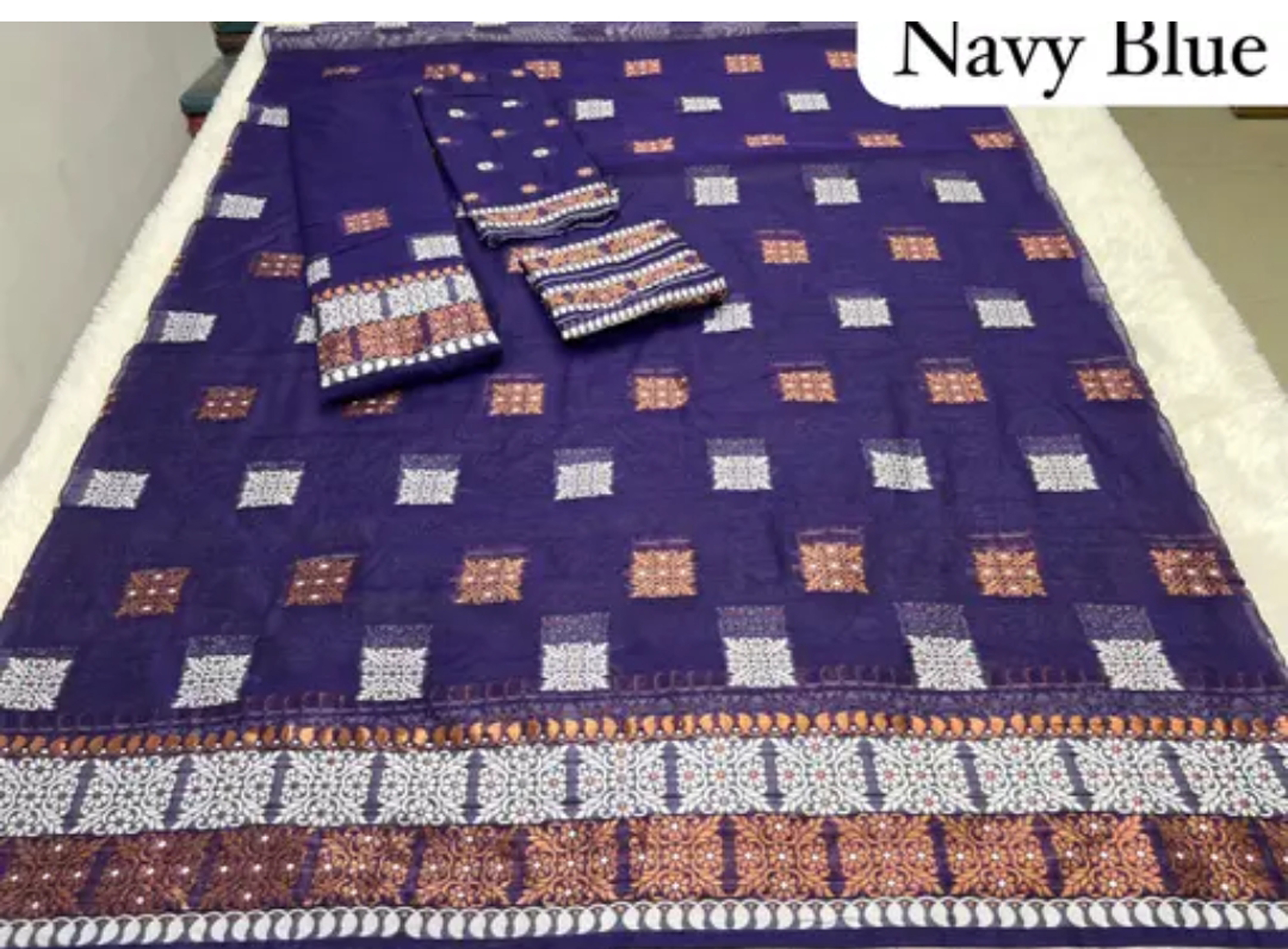 Bridal Cream Green Assamese Mekhela Sador Handcrafted Chador -Dark Blue