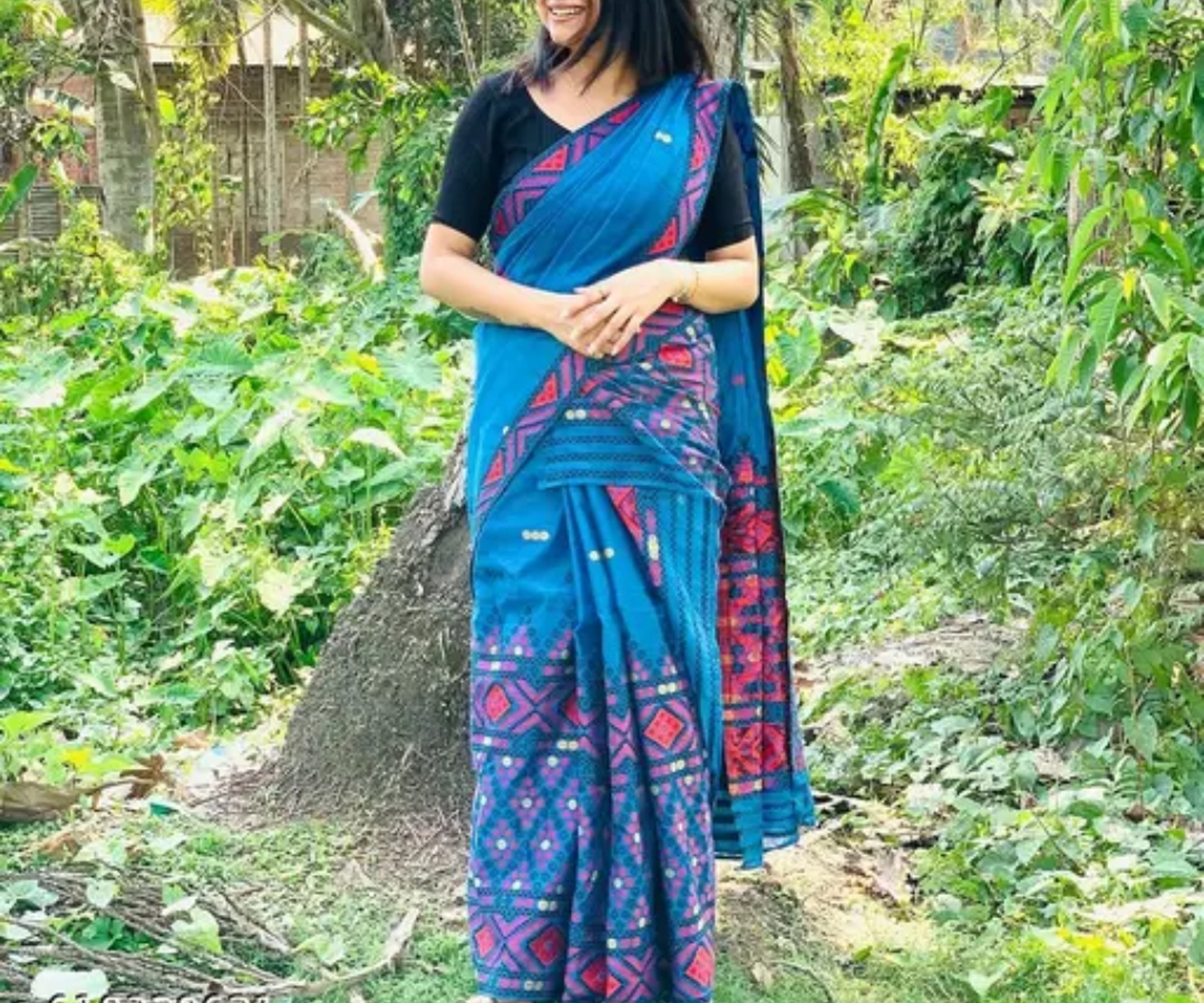 Bridal Cream Green Assamese Mekhela Sador Handcrafted Chador - Sky Blue