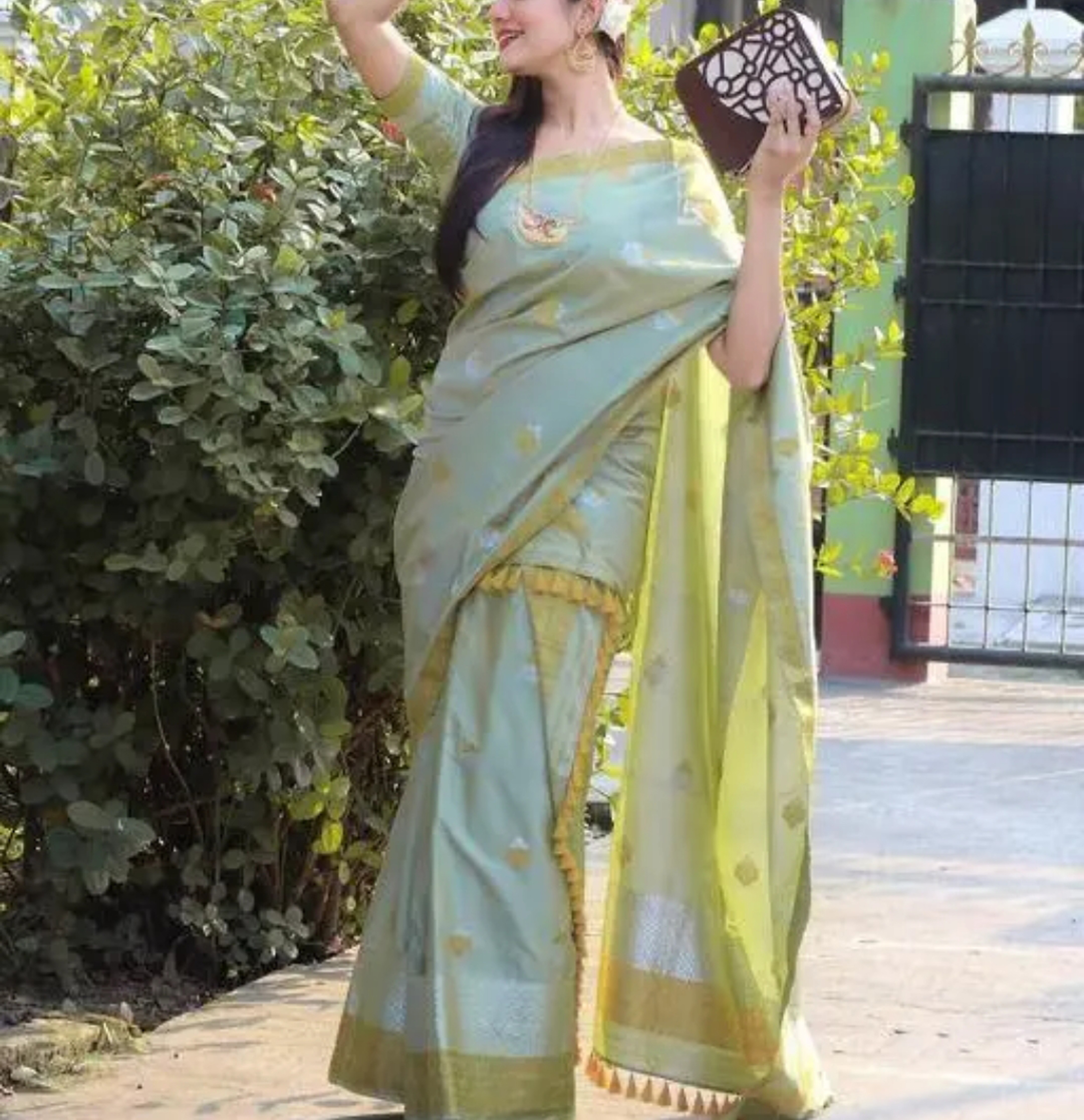 Turquoise Green Assamese Mekhela Sador Handcrafted Chador