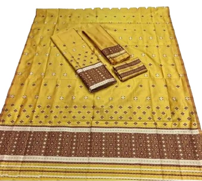 Women`s Bridal Assamese Mekhela Sador Jura Santal Panchi Parhar Pure Fabric Soft Silk Traditional Design- Yellow Brown