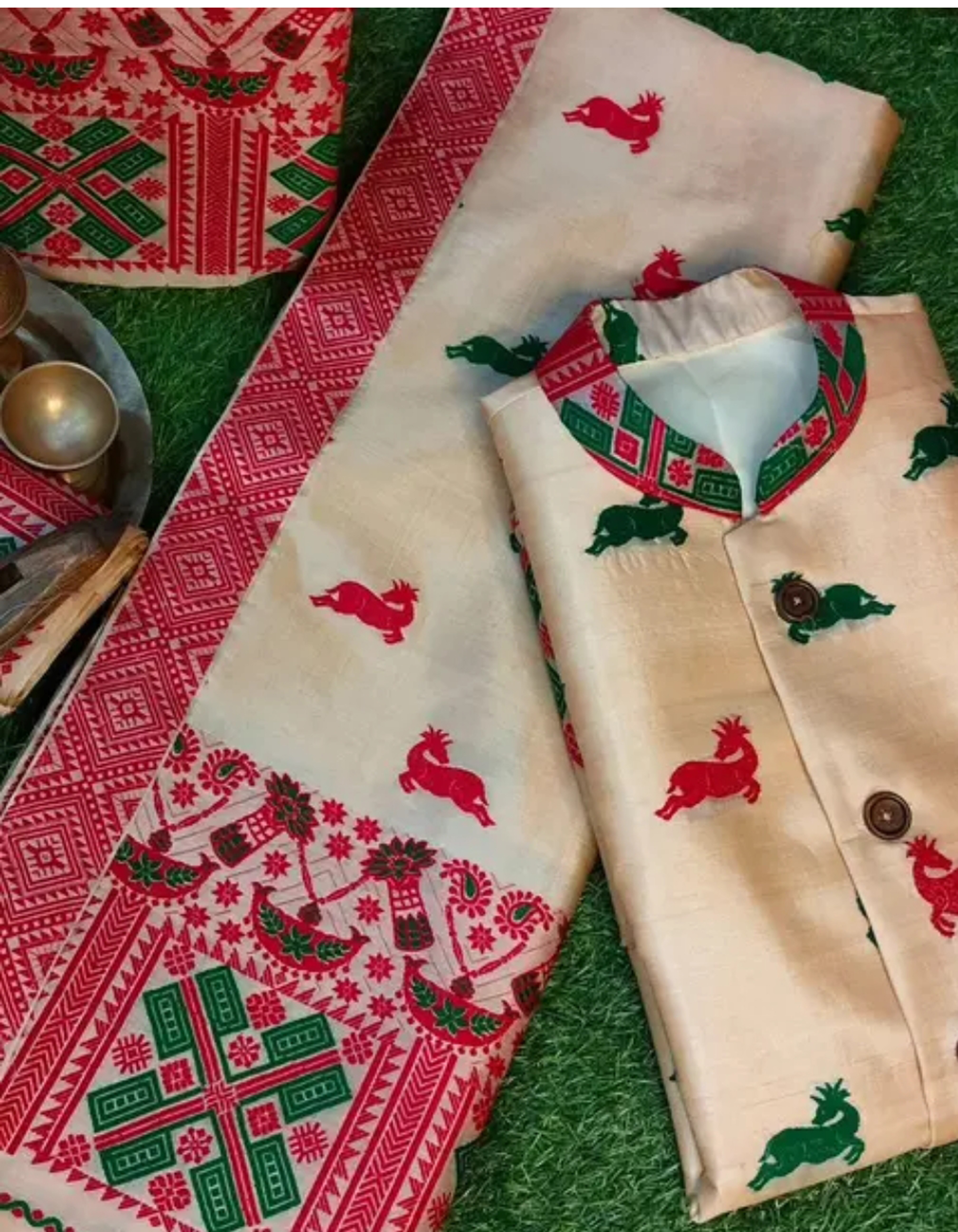 Bridal Cream Green Assamese Mekhela Sador Handcrafted Chador - Cream Red