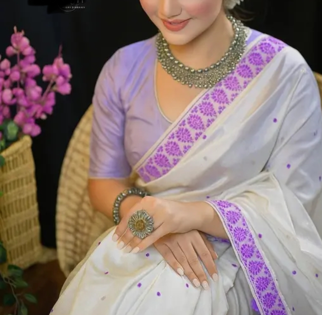 Women`S Bridal Assamese Mekhela Sador Jura Santal Panchi Parhar Saree Pure Fabric Soft Silk Traditional Design-Whiite Purple