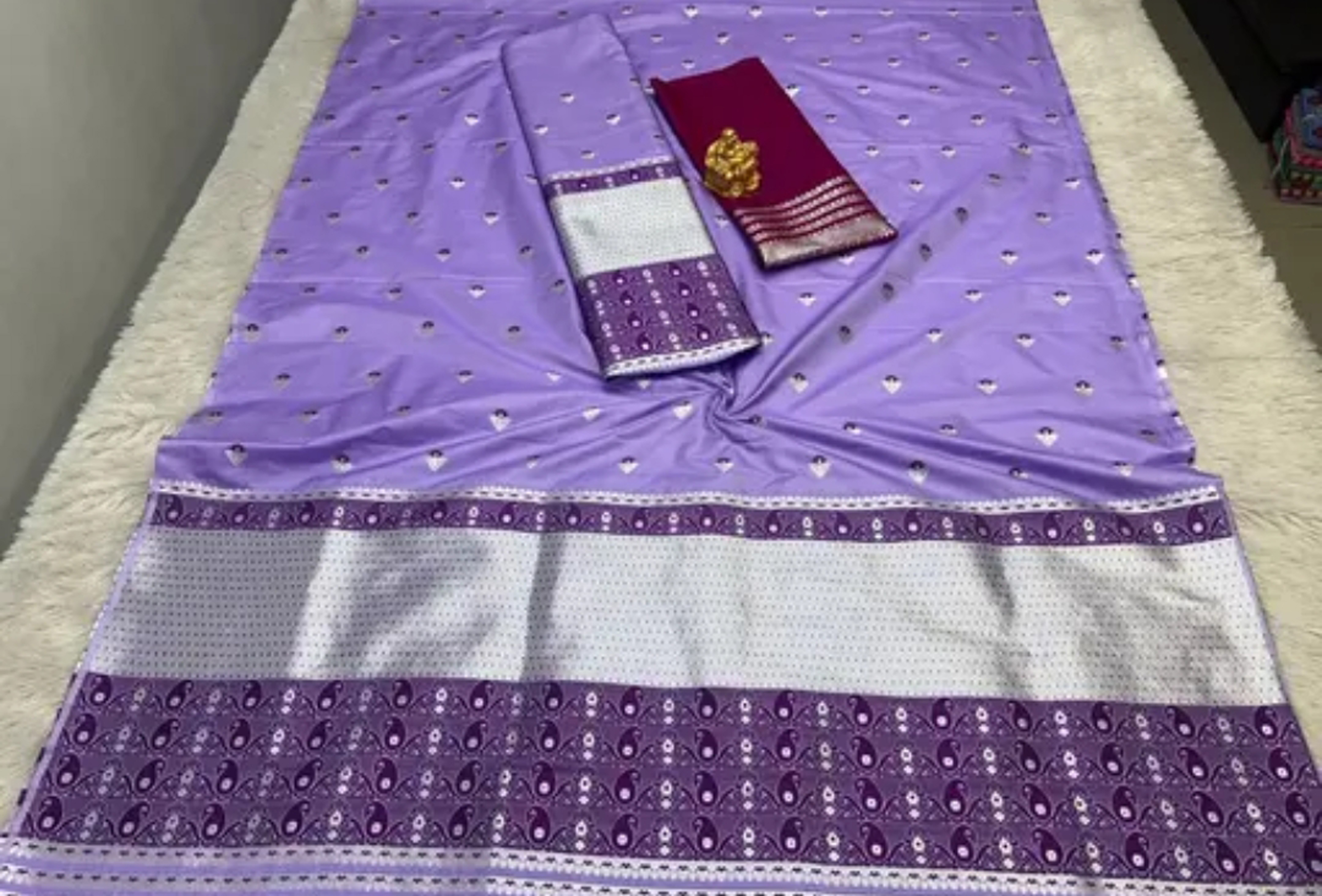 Assamese Mekhela Sador Paat Soft Silk Traditional Design- Lavender Purple
