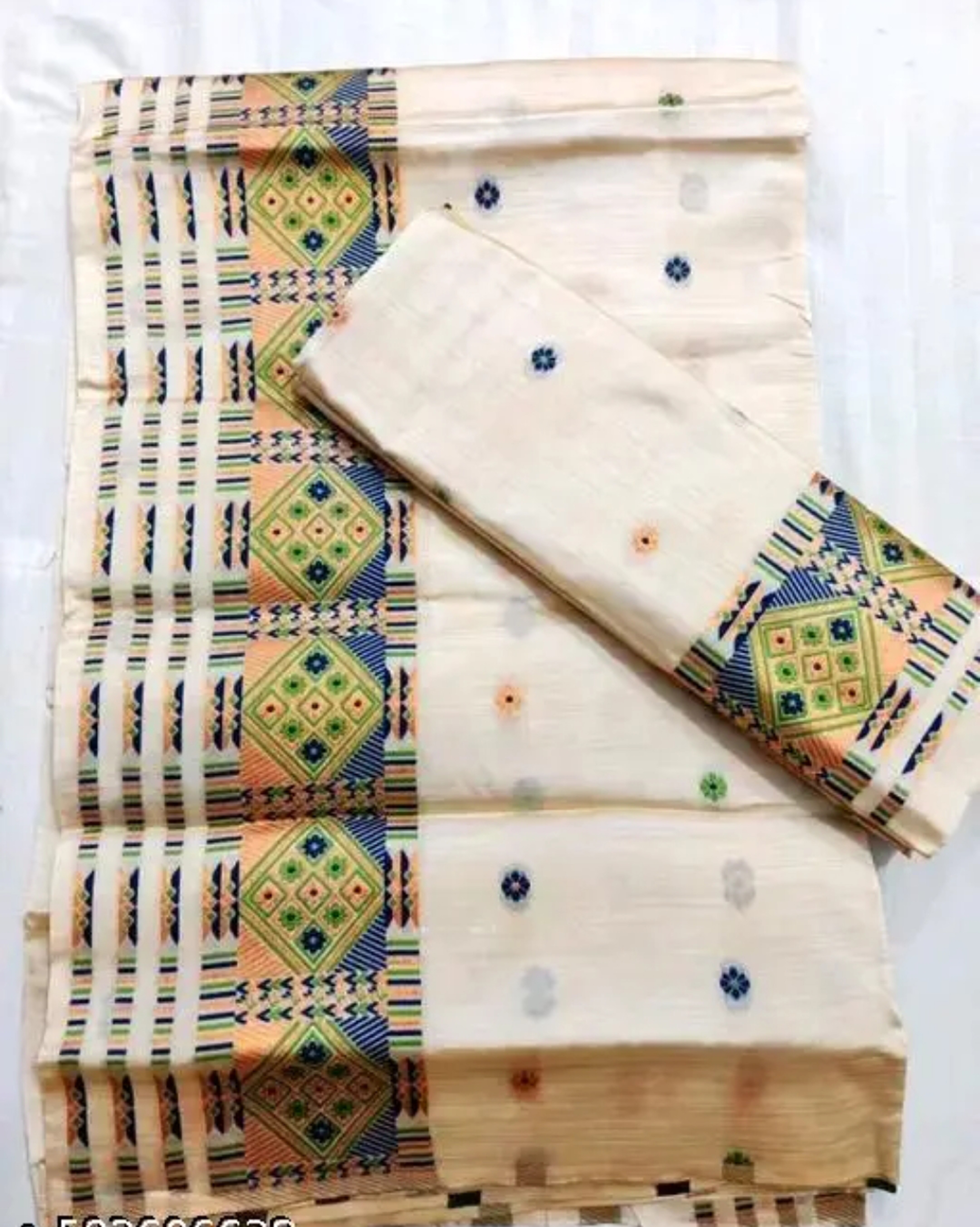 Bridal Cream Green Assamese Mekhela Sador Handcrafted Chador