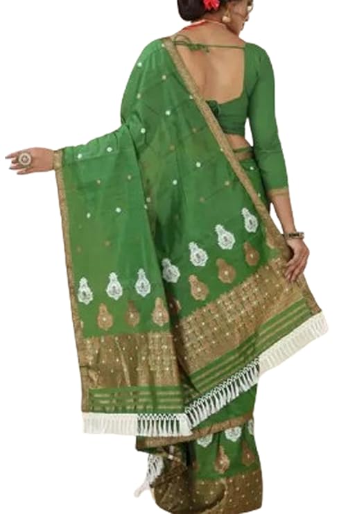 Women`s Bridal Assamese Mekhela Sador Jura Santal Panchi Parhar Pure Fabric Soft Silk Traditional Design-Green Gold