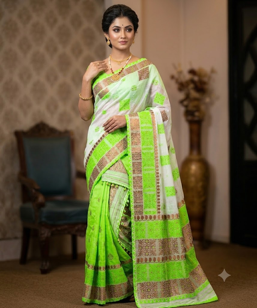 Bridal Cream Green Assamese Mekhela Sador Handcrafted Chador -White Green