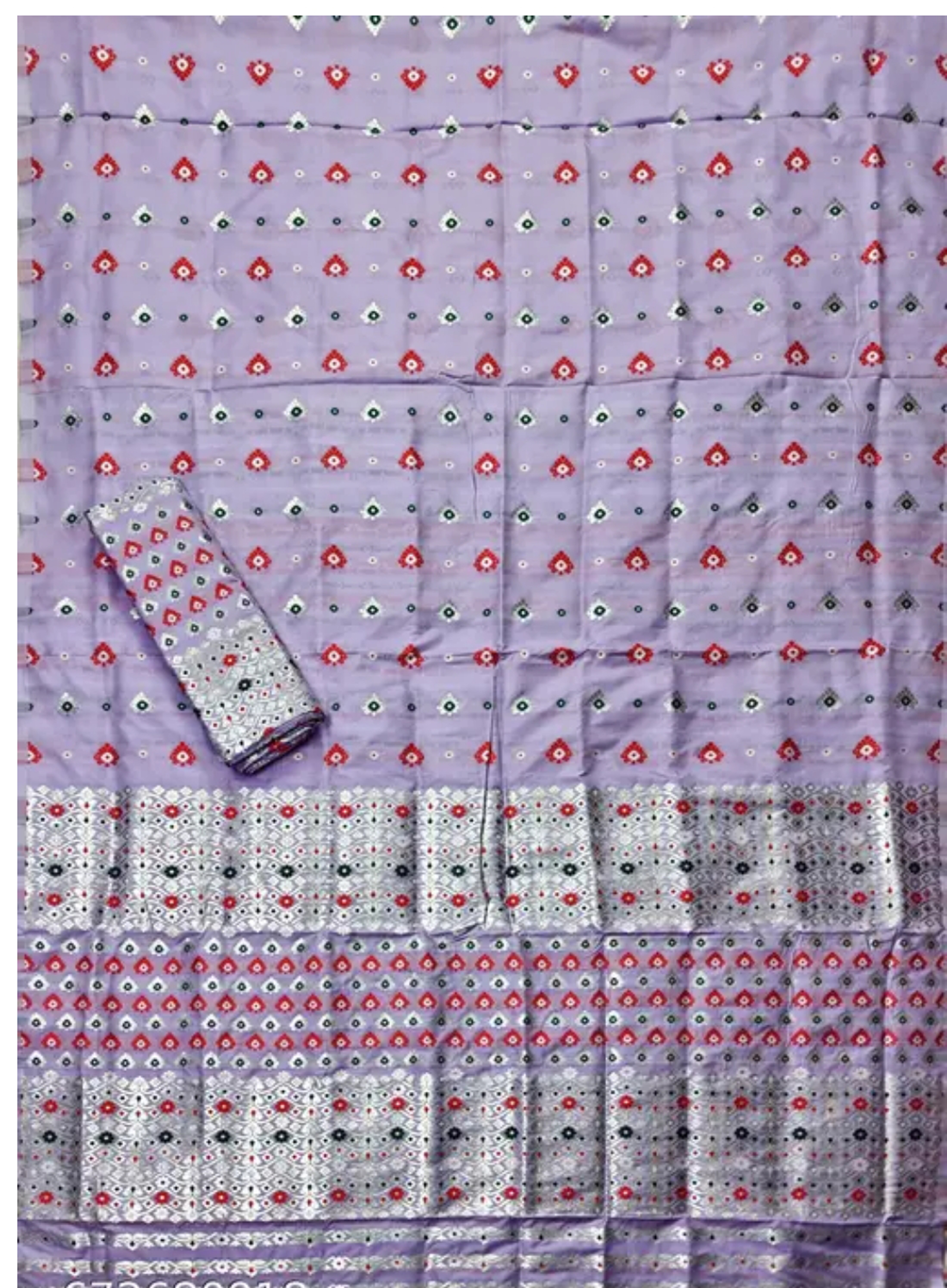 Bridal Cream Green Assamese Mekhela Sador Handcrafted Chador - Lavender Silver