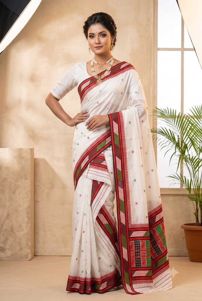 Bridal Cream Green Assamese Mekhela Sador Handcrafted Chador - White