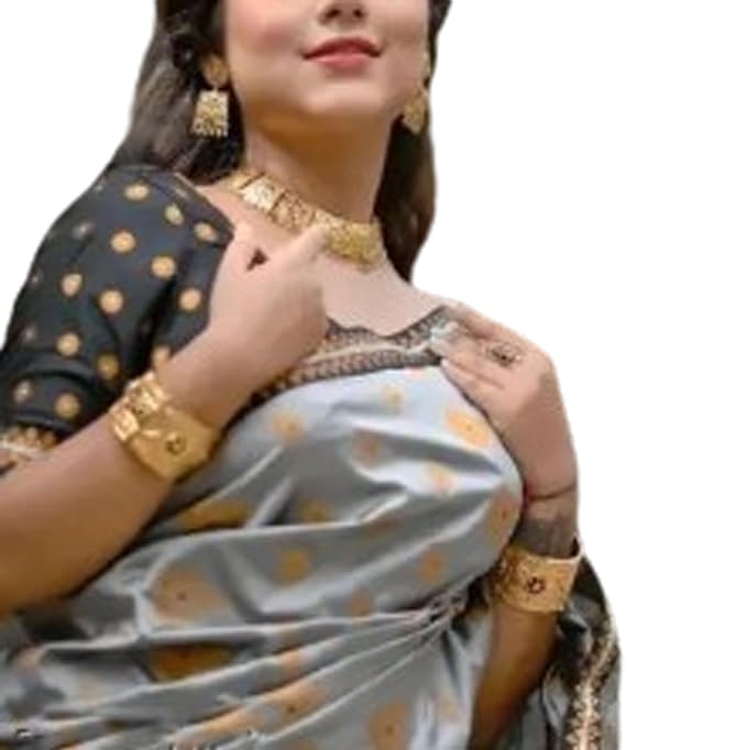 Bridal Assamese Mekhela Sador  Pure Fabric Soft Silk Traditional Design-Ash Grey