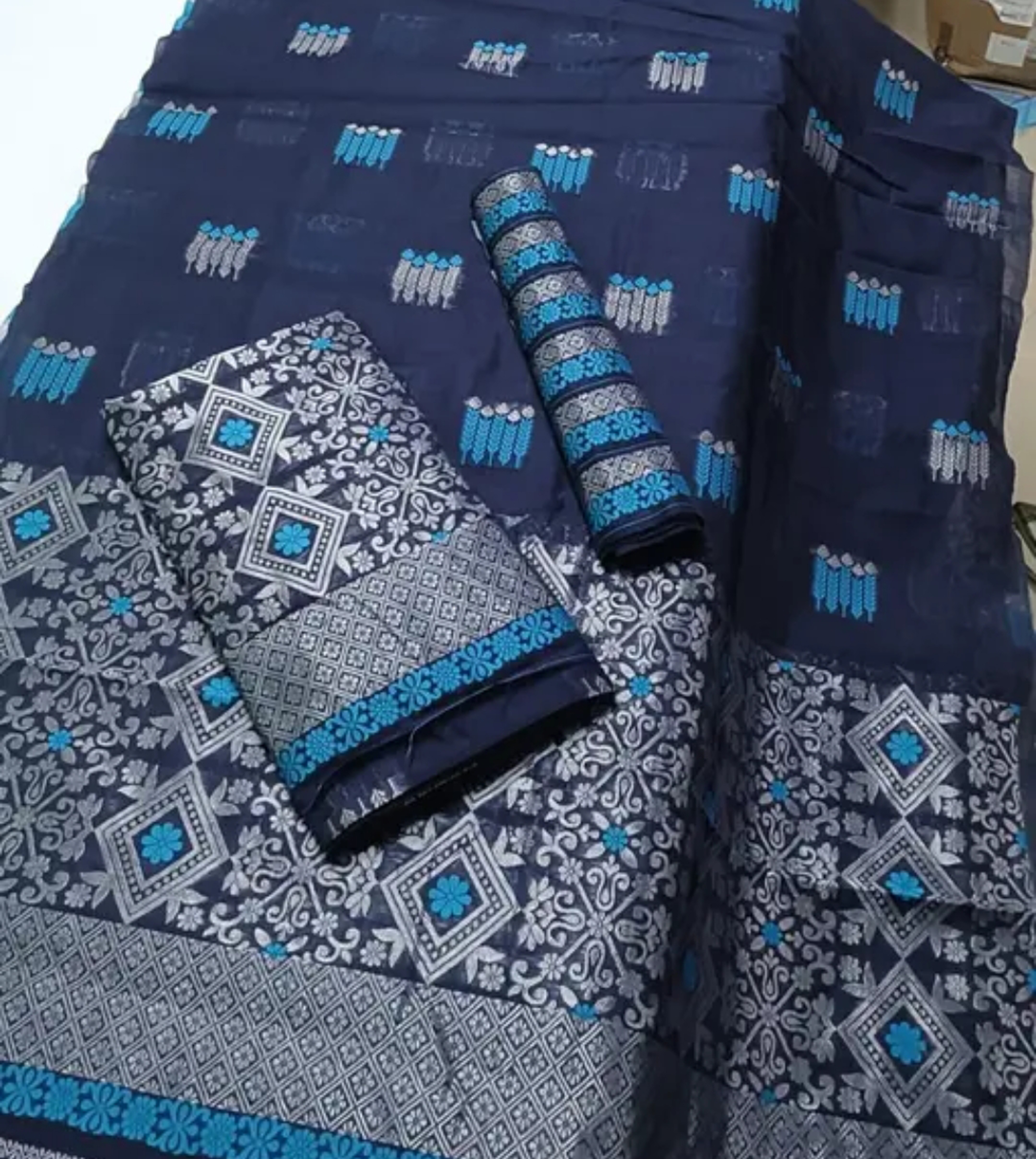 Assamese Mekhela  Blue Square Design Embroidery Sador Chador