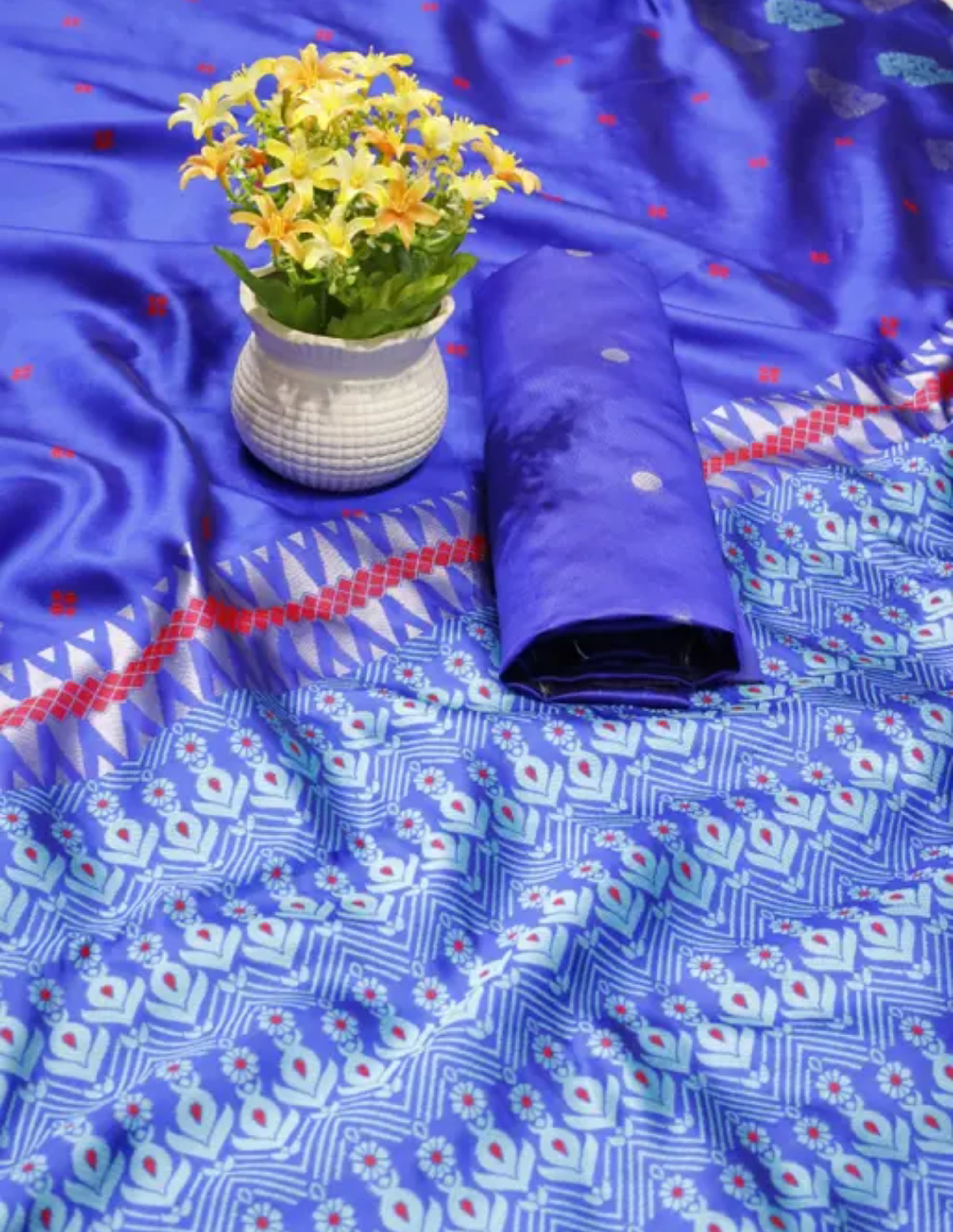 Bridal Cream Green Assamese Mekhela Sador Handcrafted Chador -Blue