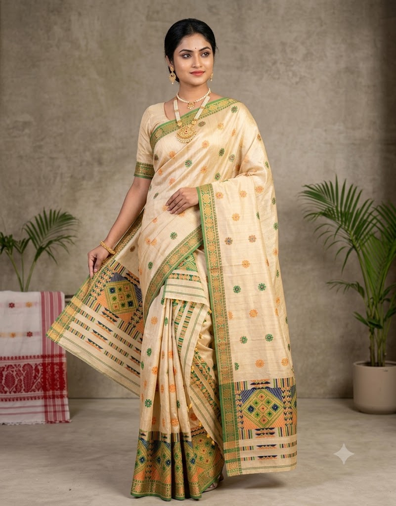 Bridal Cream Green Assamese Mekhela Sador Handcrafted Chador