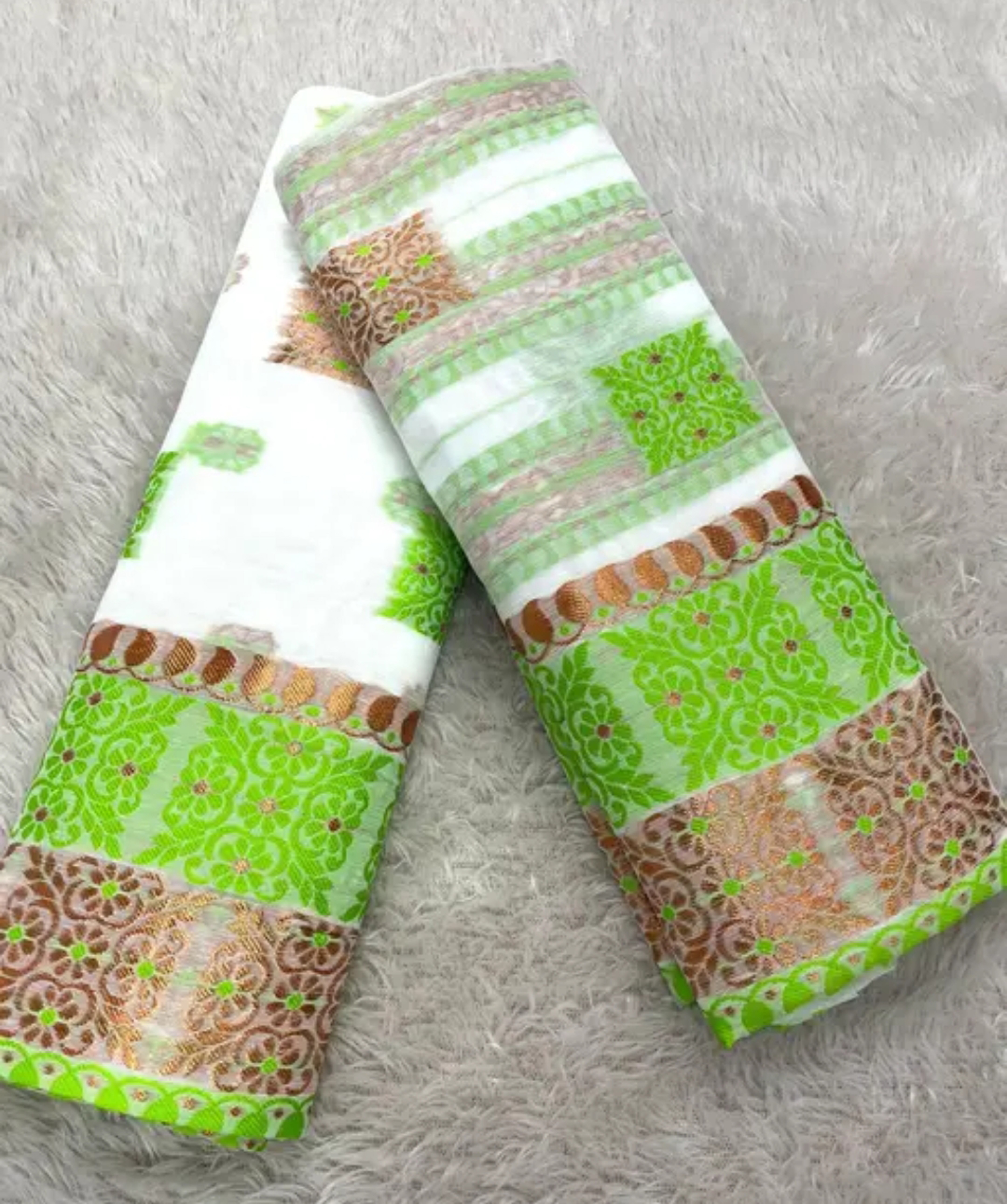 Assamese Mekhela White Green Embroidery Sador Chador