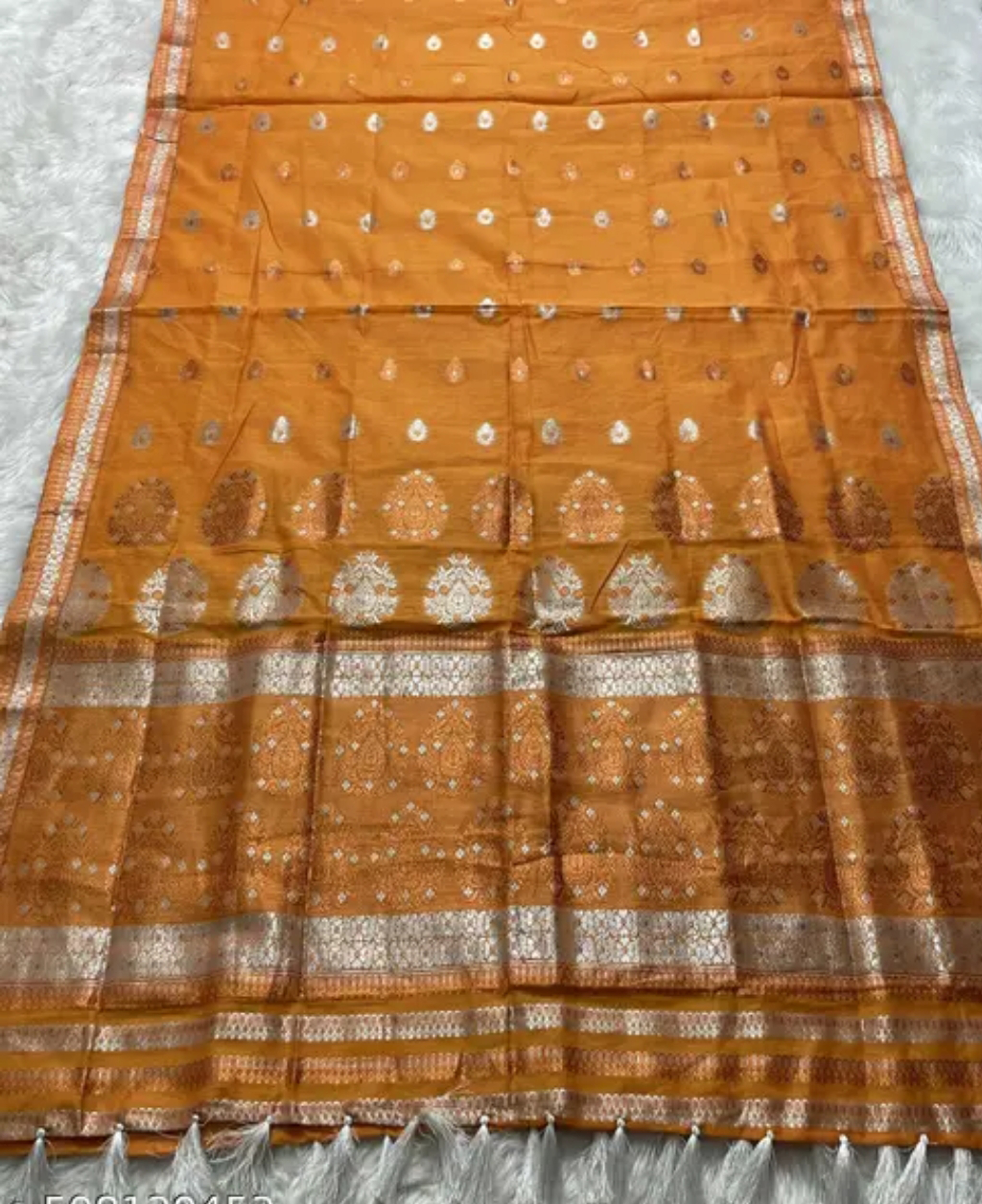 Bridal Cream Green Assamese Mekhela Sador Handcrafted Chador - Saffron Orange