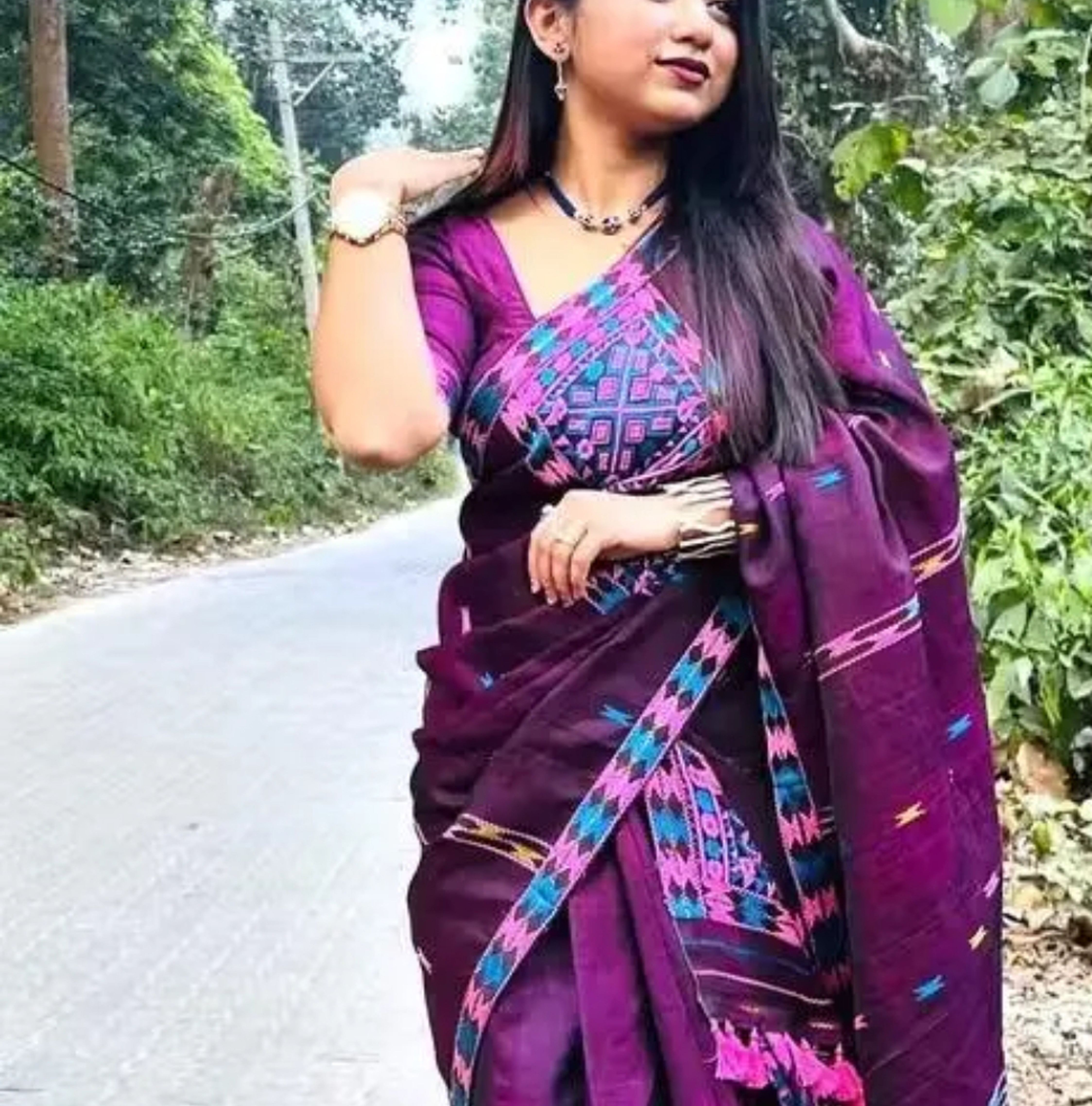 Bridal Cream Green Assamese Mekhela Sador Handcrafted Chador - Purple