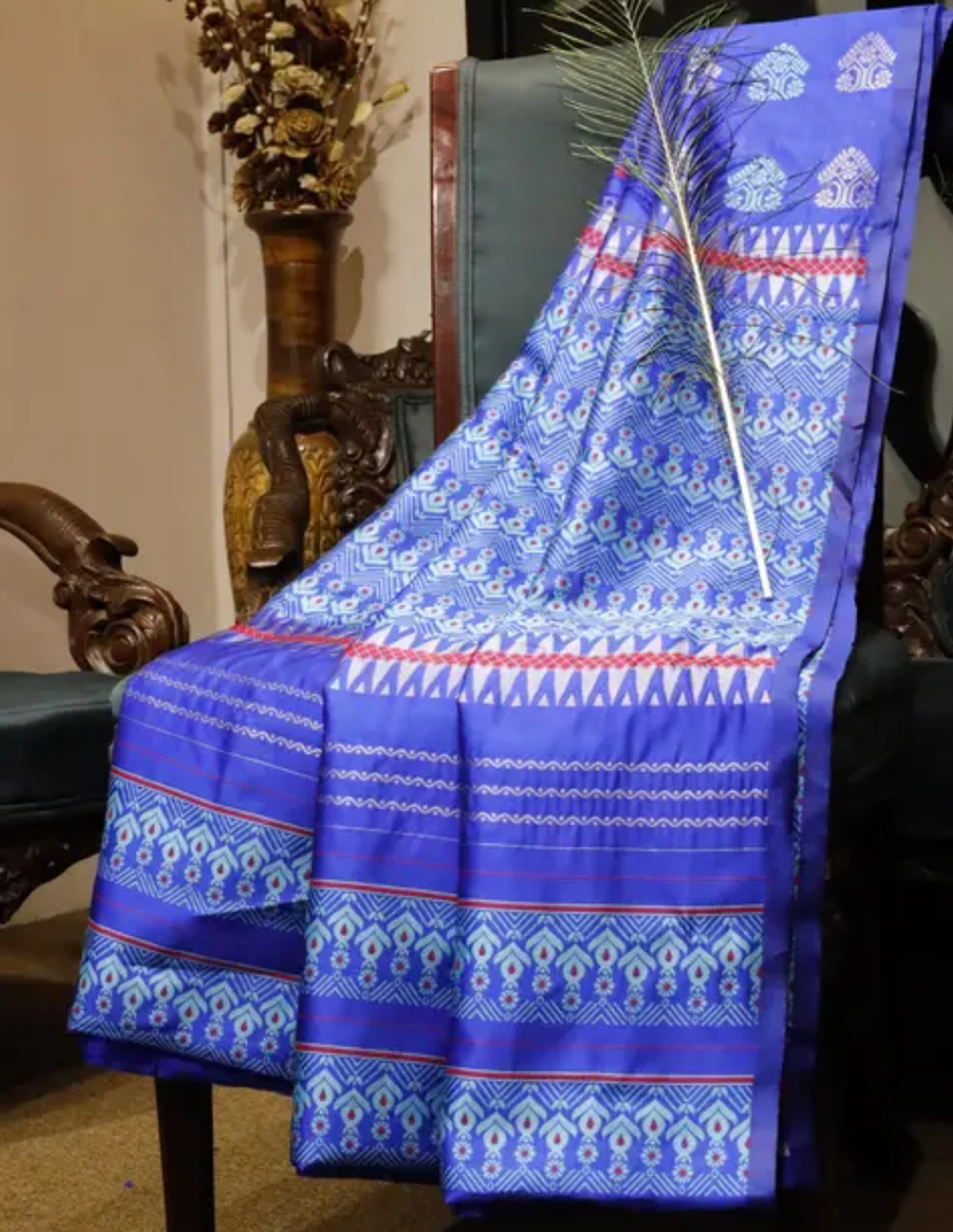 Bridal Cream Green Assamese Mekhela Sador Handcrafted Chador -Blue