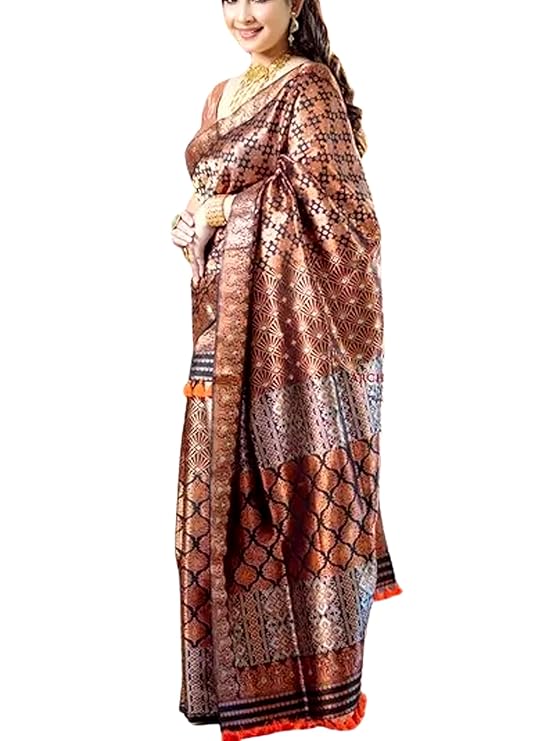 Women`s Bridal Assamese Mekhela Sador Jura Santal Panchi Lungi Parhar Pure Fabric Soft Silk Traditional Design-Brown Green