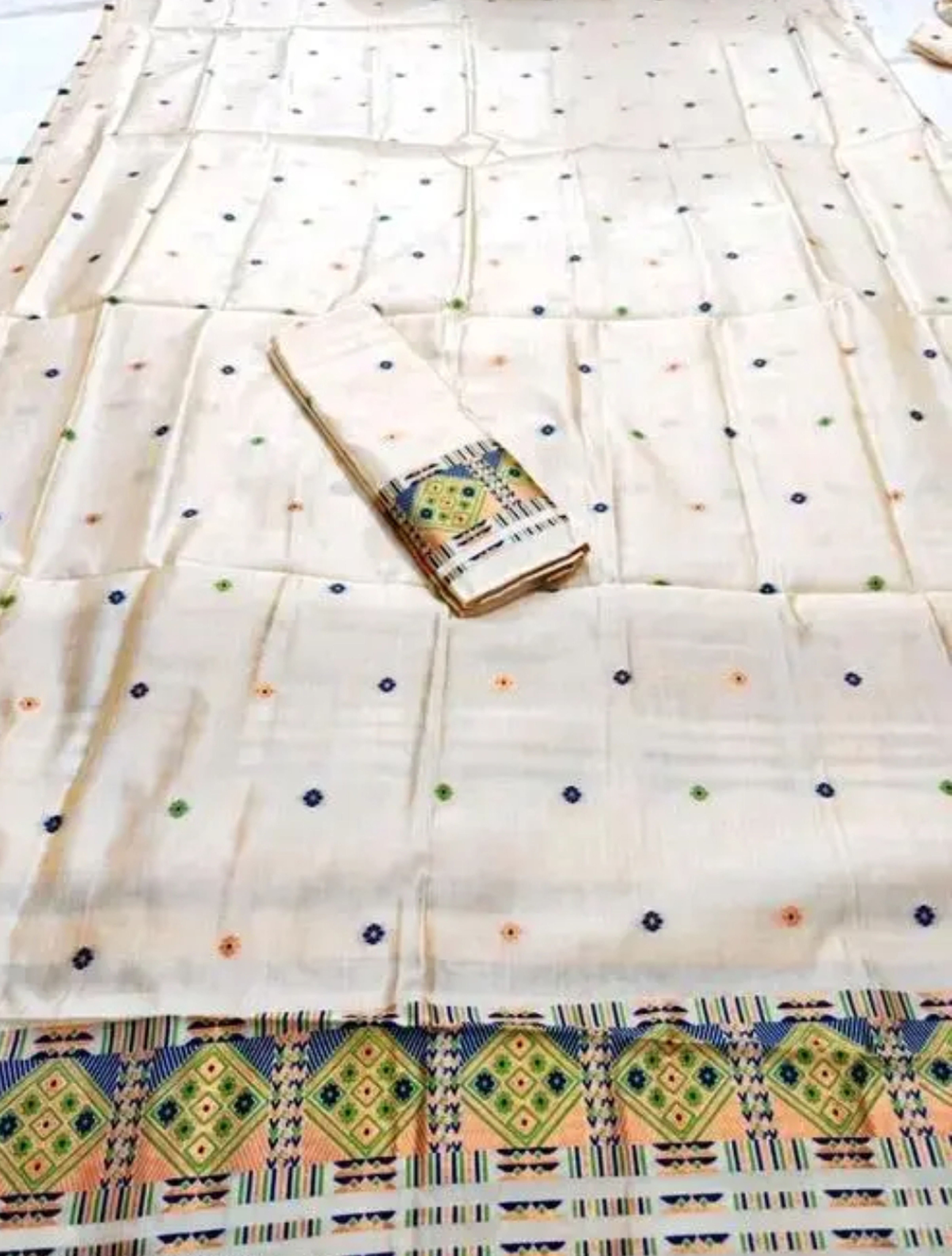 Bridal Cream Green Assamese Mekhela Sador Handcrafted Chador