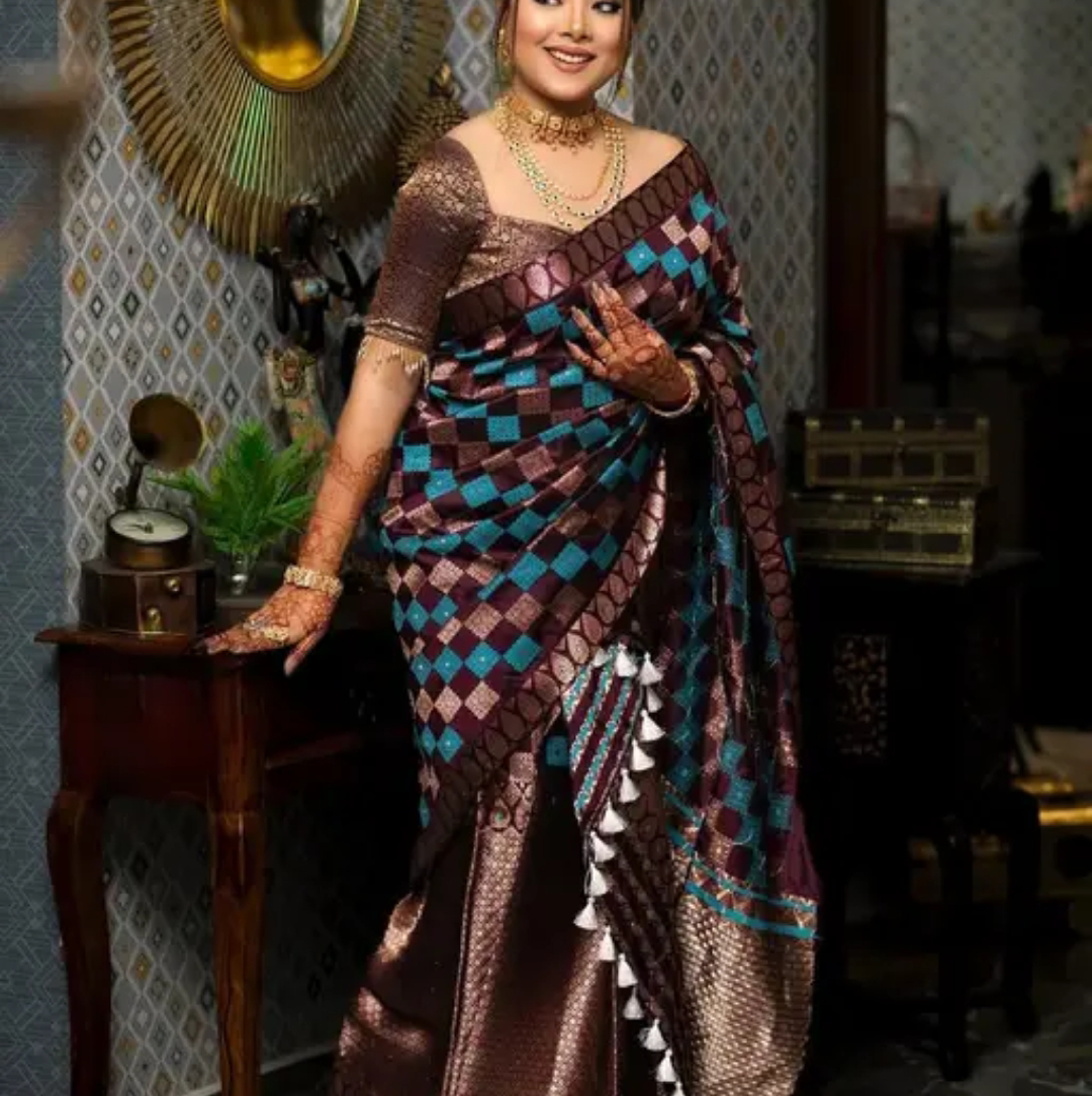 Assamese Mekhela Checkered Chess Design Embroidery Sador Chador