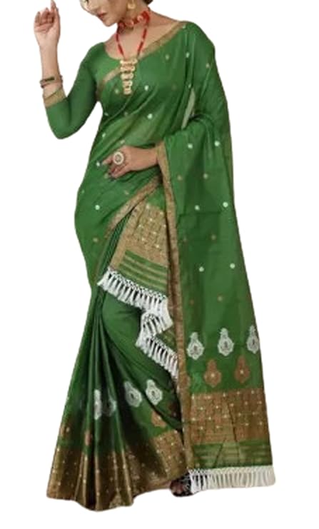 Women`s Bridal Assamese Mekhela Sador Jura Santal Panchi Parhar Pure Fabric Soft Silk Traditional Design-Green Gold