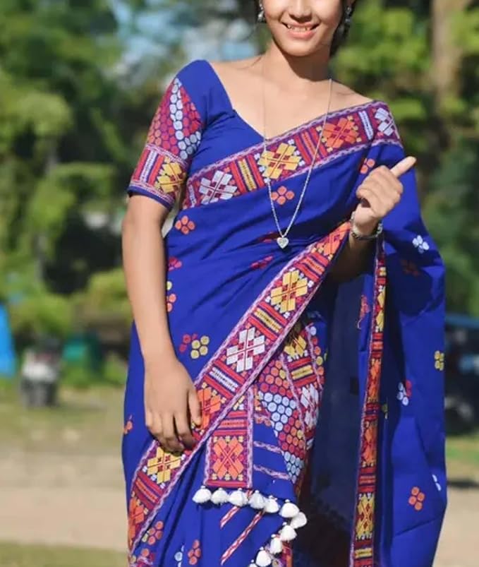 Women`s Assamese Mekhela Sador Santal Panchi Lungi Parhar Fabric of Soft Silk Traditional Design- Blue Design