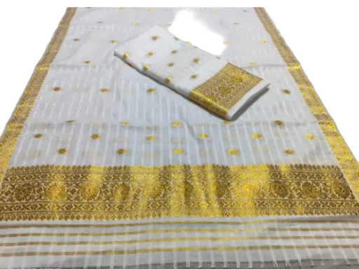 Women`s Assamese Mekhela Sador Paat Santal Panchi Lungi Parhar Fabric of Soft Silk Traditional Design- White Gold