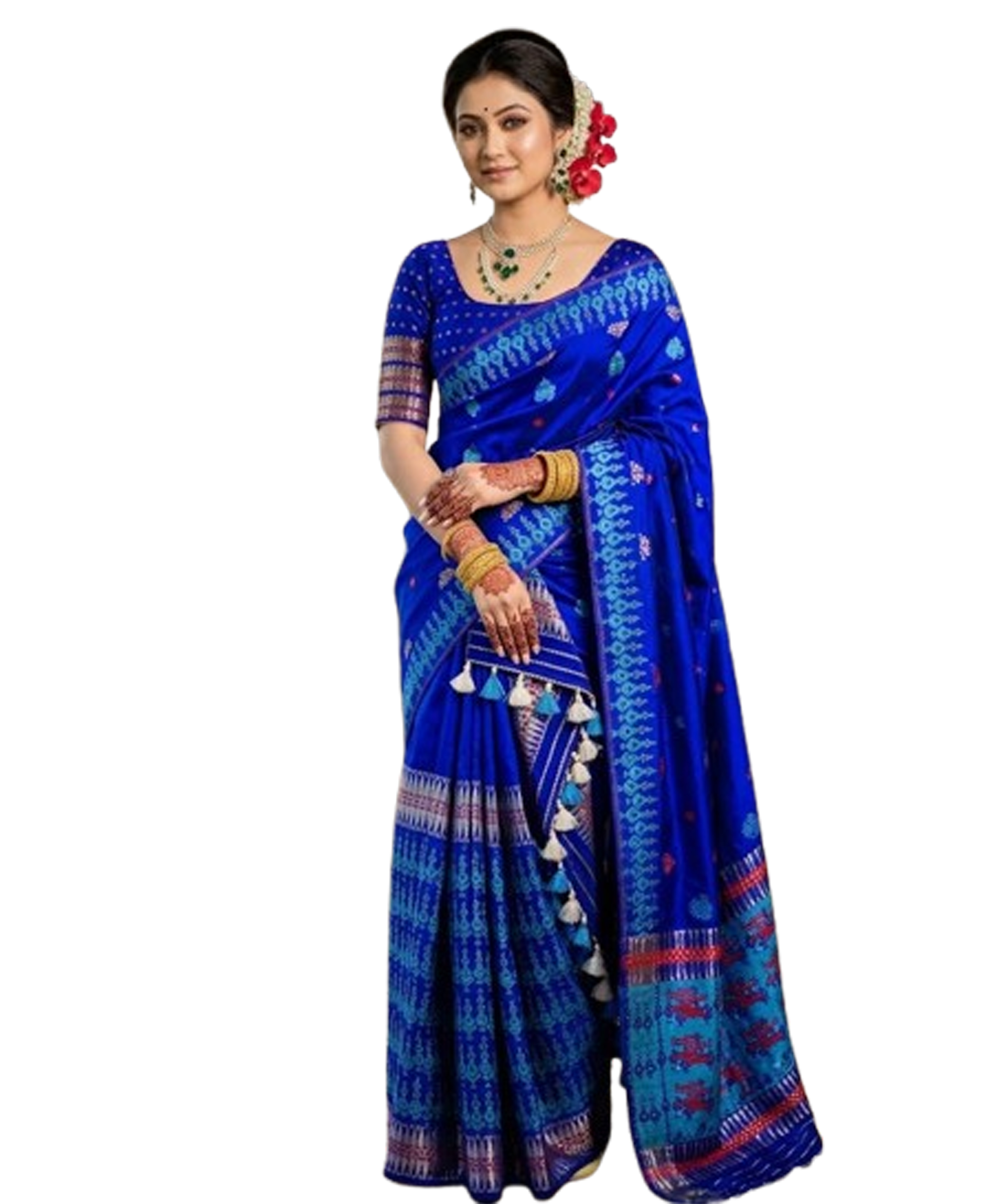 Bridal Cream Green Assamese Mekhela Sador Handcrafted Chador -Blue