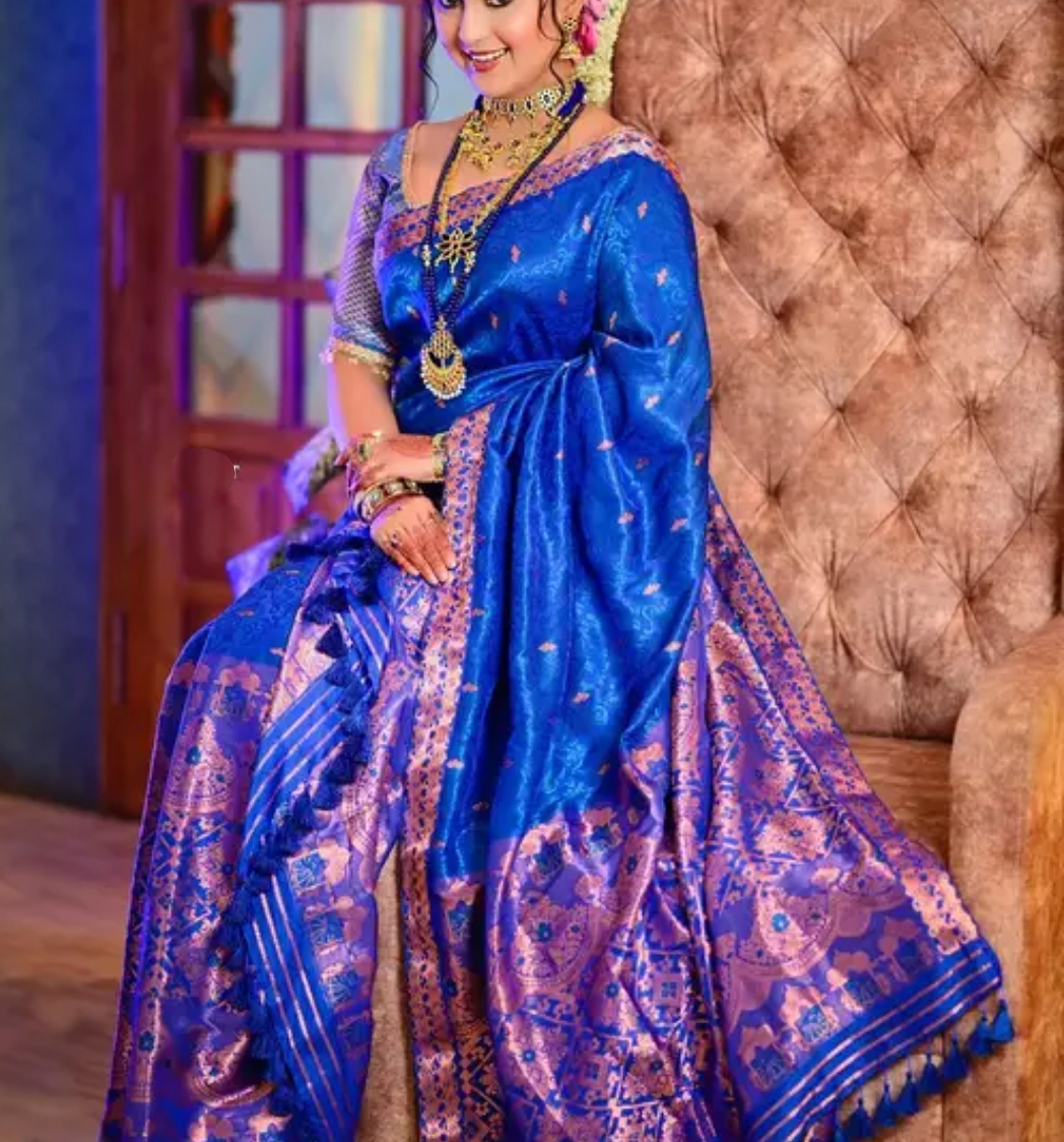Bridal Blue Assamese Mekhela Sador Handcrafted Chador