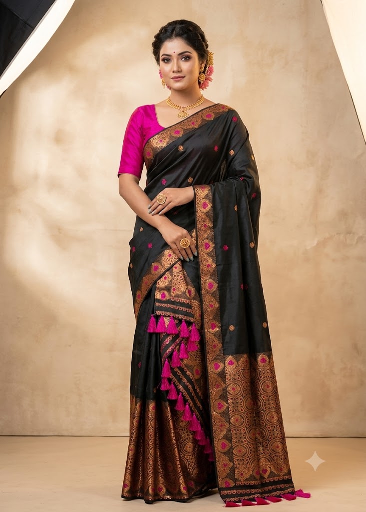 Bridal Cream Green Assamese Mekhela Sador Handcrafted Chador - Black Pink