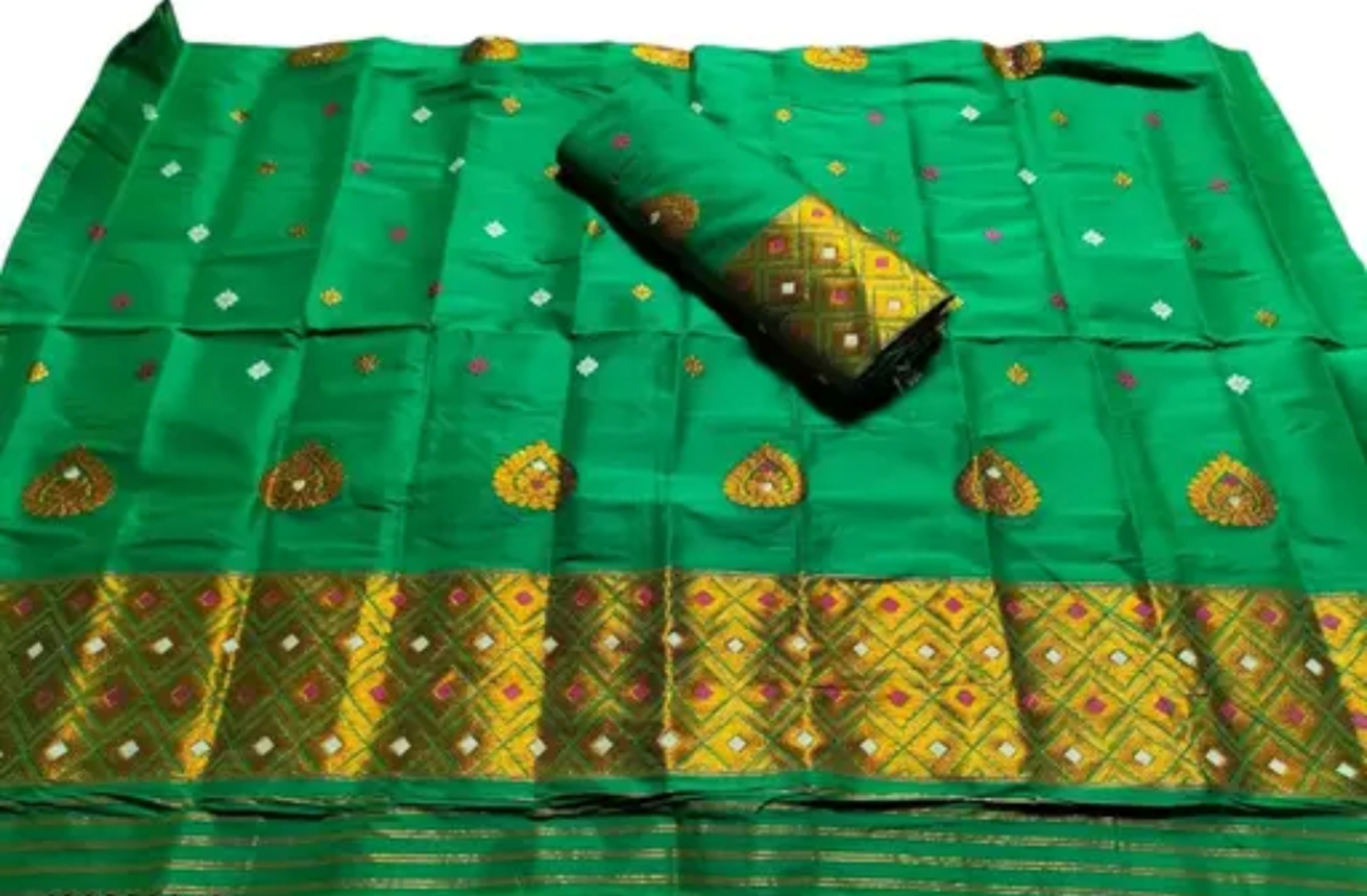 Women`s Bridal Wedding Assamese Mekhela Sador -Green Gold