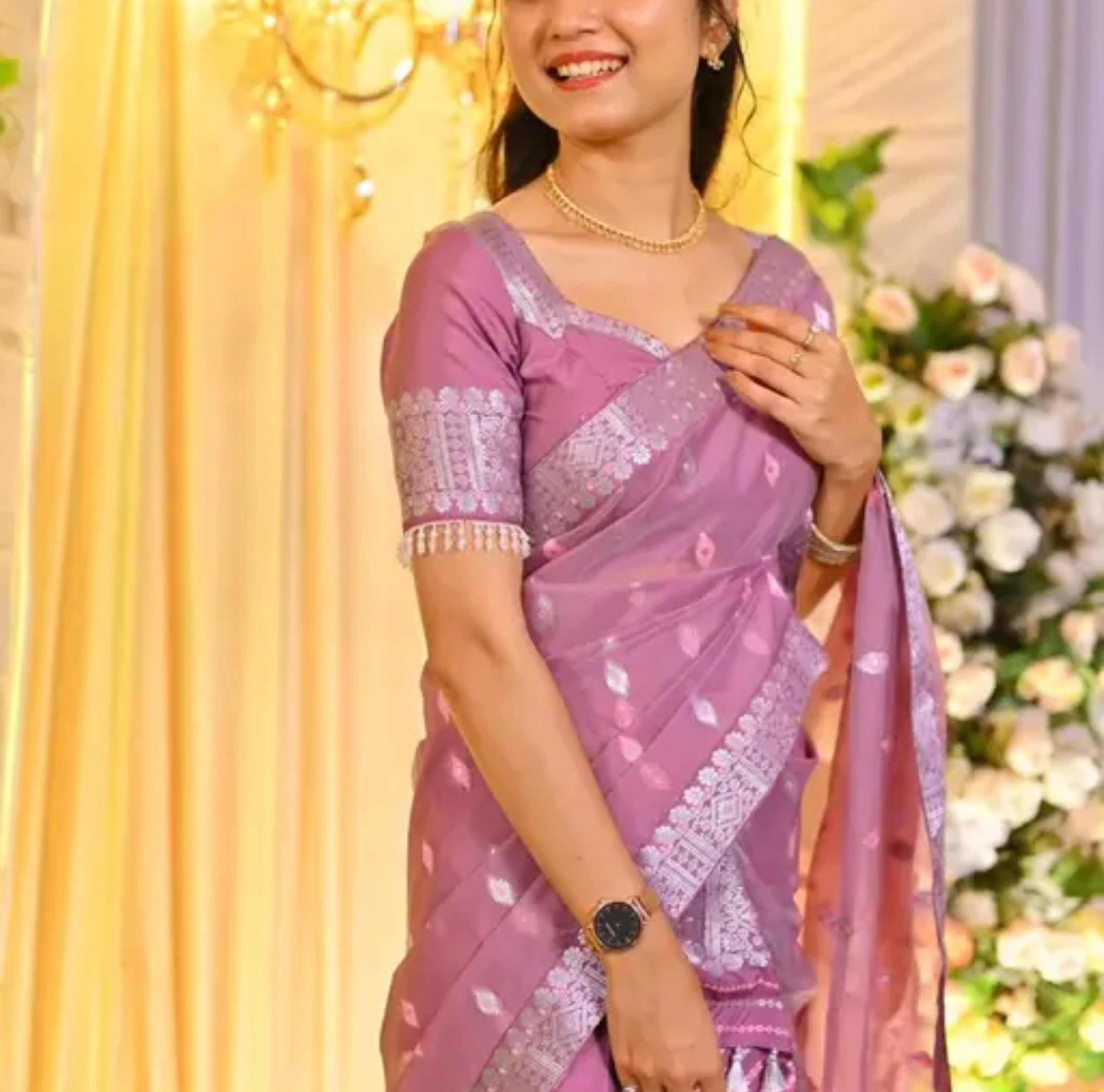 Assamese Mekhela Peach Pink Embroidery Sador Chador