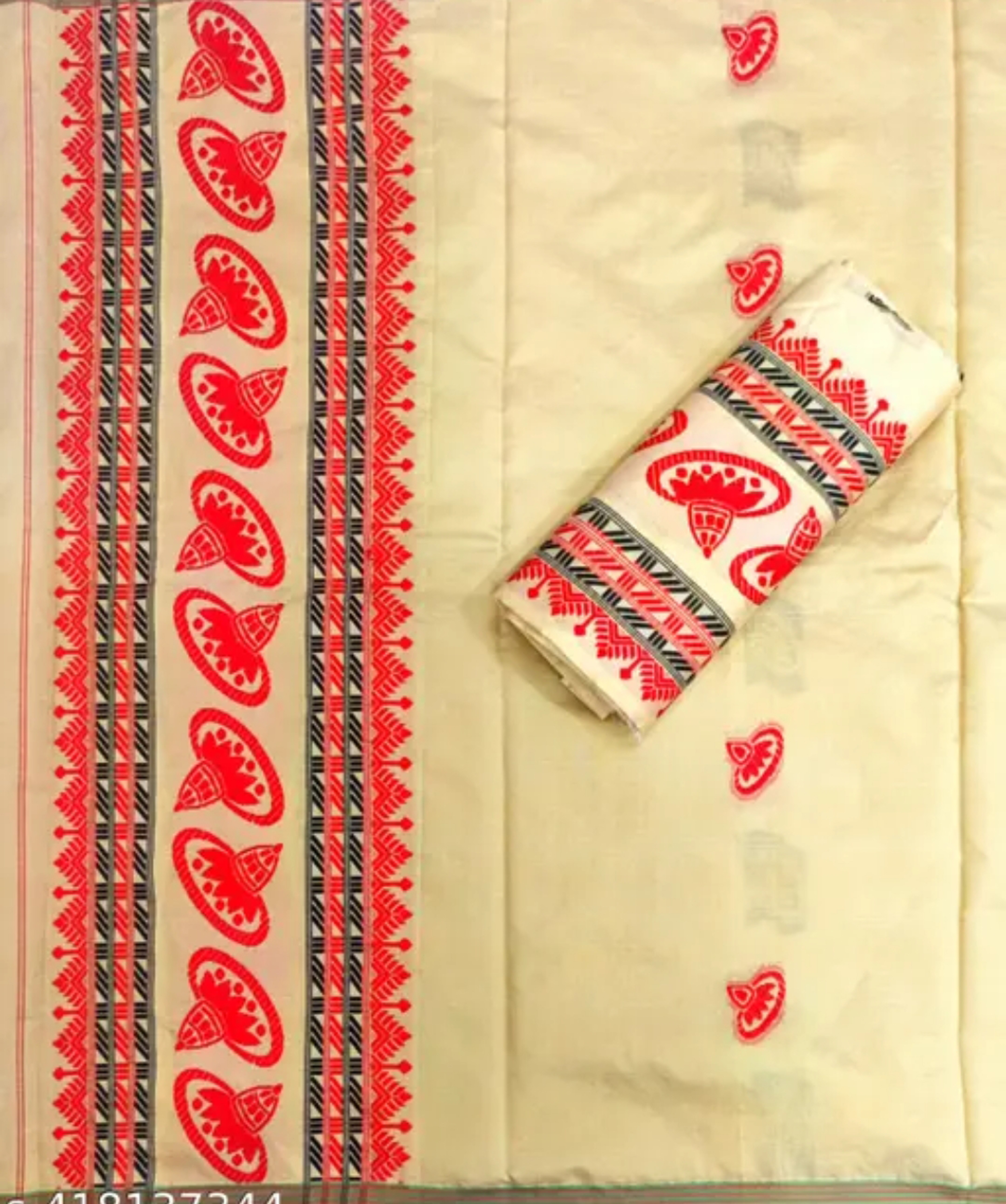Assamese Mekhela Sador Chador Traditional Jhapi Design - Cream Red
