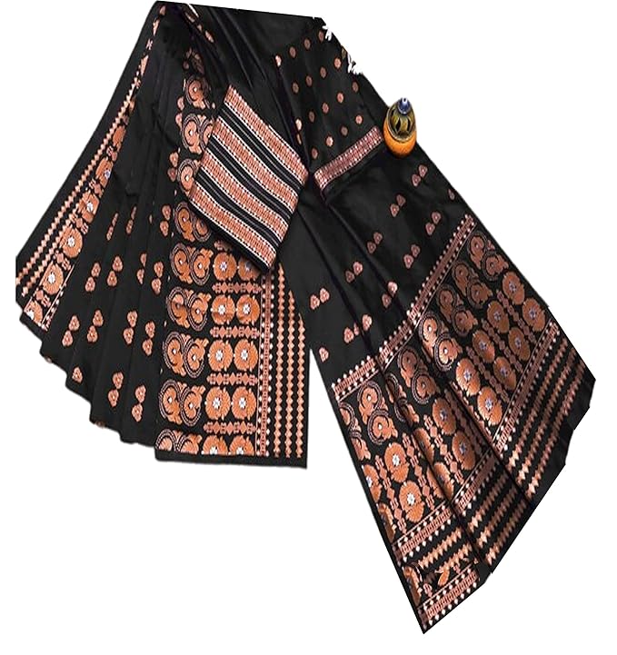 Women`s Bridal Assamese Mekhela Sador Jura Santal Panchi Lungi Parhar Pure Fabric of Soft Silk Traditional Design- Black