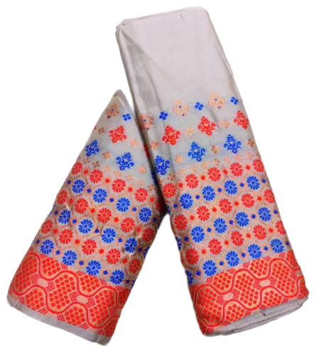 Women`s Bridal Wedding Assamese Mekhela Sador - Silver Red