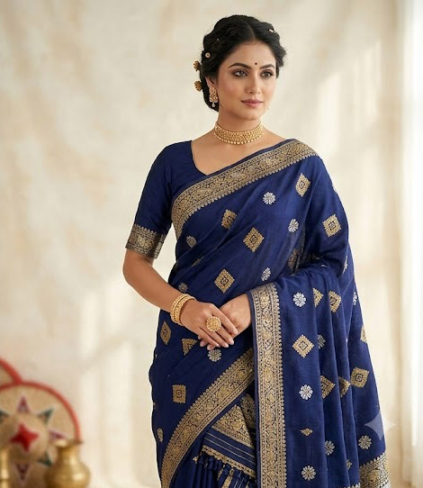 Bridal Cream Green Assamese Mekhela Sador Handcrafted Chador -Dark Blue