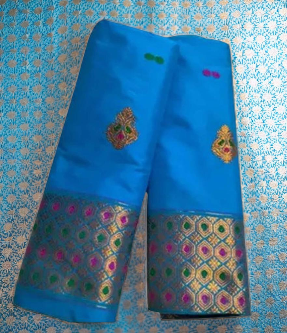 Women`s Assamese Mekhela Sador Santal Panchi Lungi Parhar Fabric of Soft Silk Traditional Design- Blue Gold