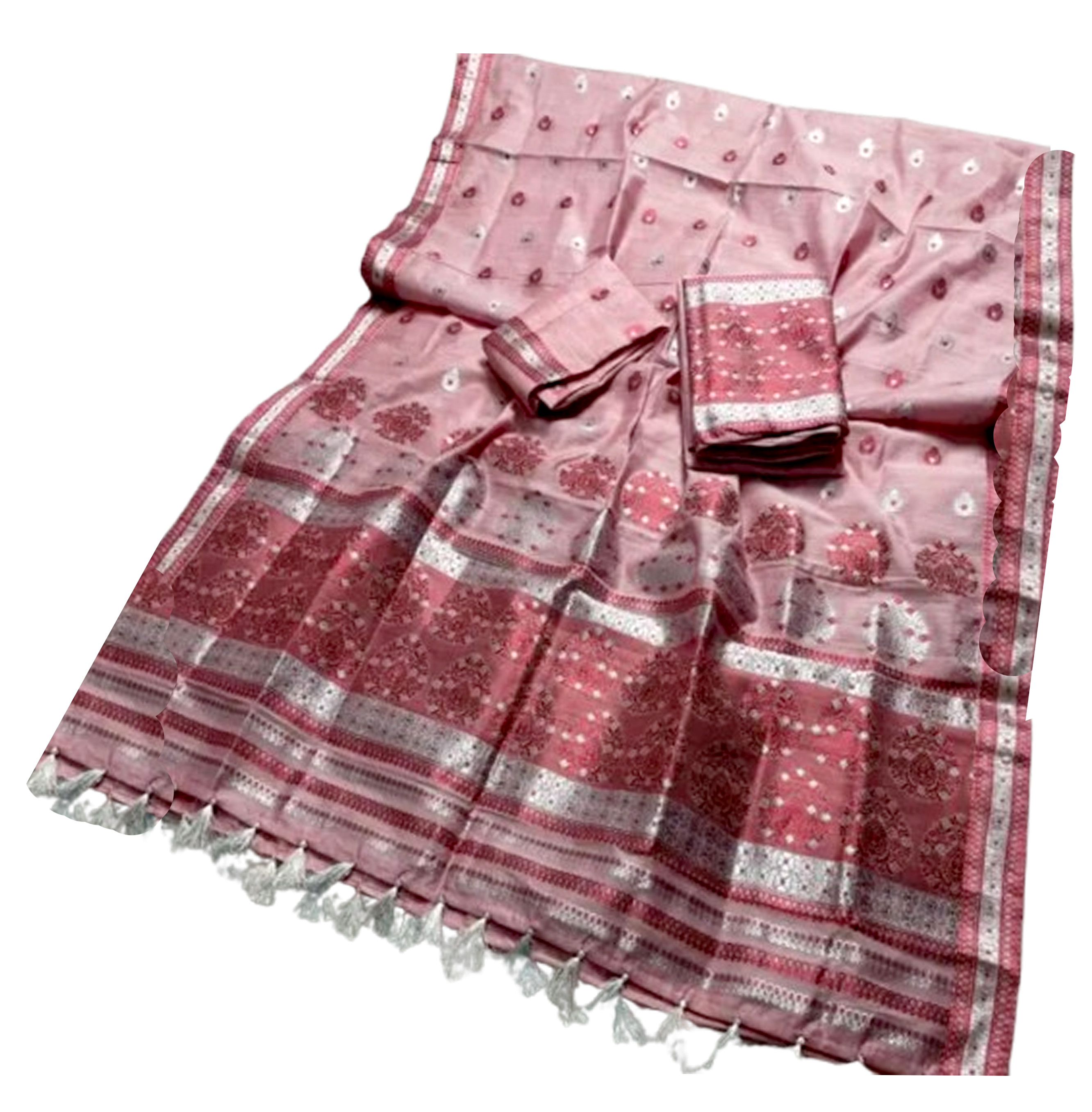 Bridal Cream Green Assamese Mekhela Sador Handcrafted Chador - Pink