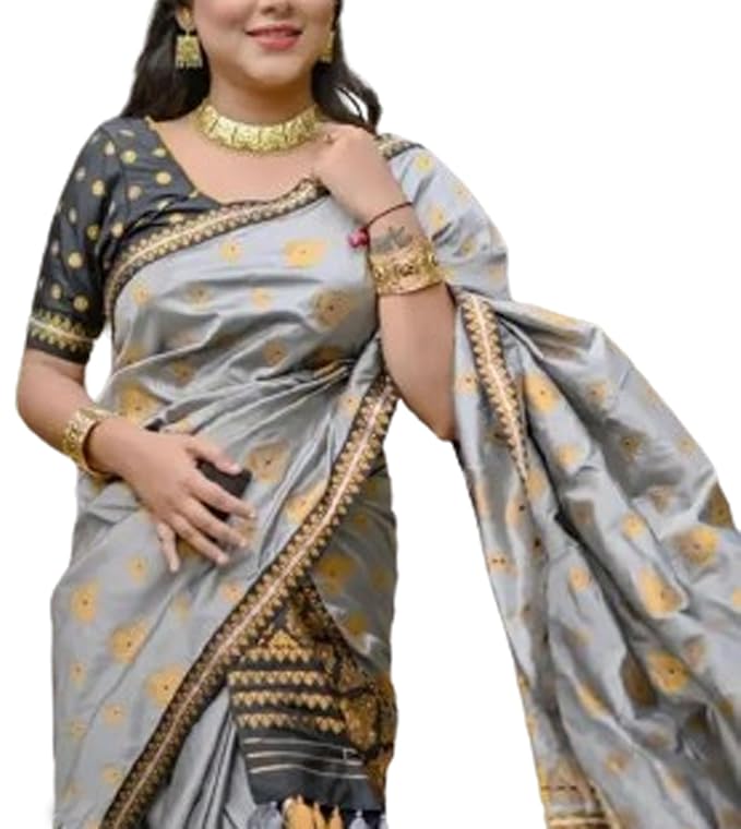 Bridal Assamese Mekhela Sador  Pure Fabric Soft Silk Traditional Design-Ash Grey