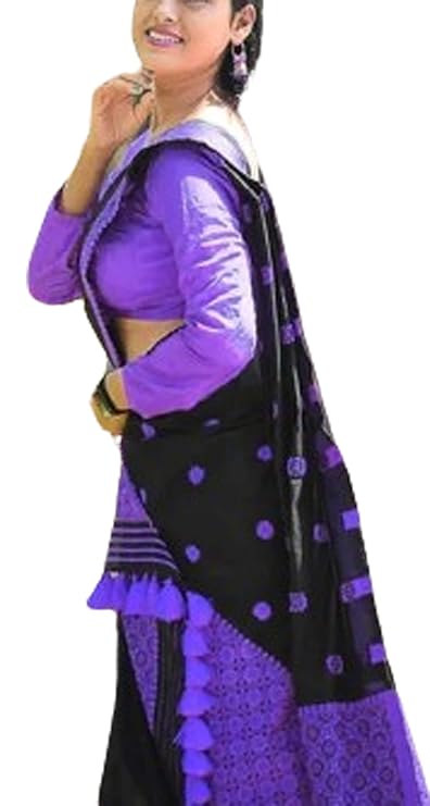 Women`s Assamese Mekhela Sador Paat Santal Panchi Lungi Parhar Fabric of Soft Silk Traditional Design- Fuchsia (Purple)