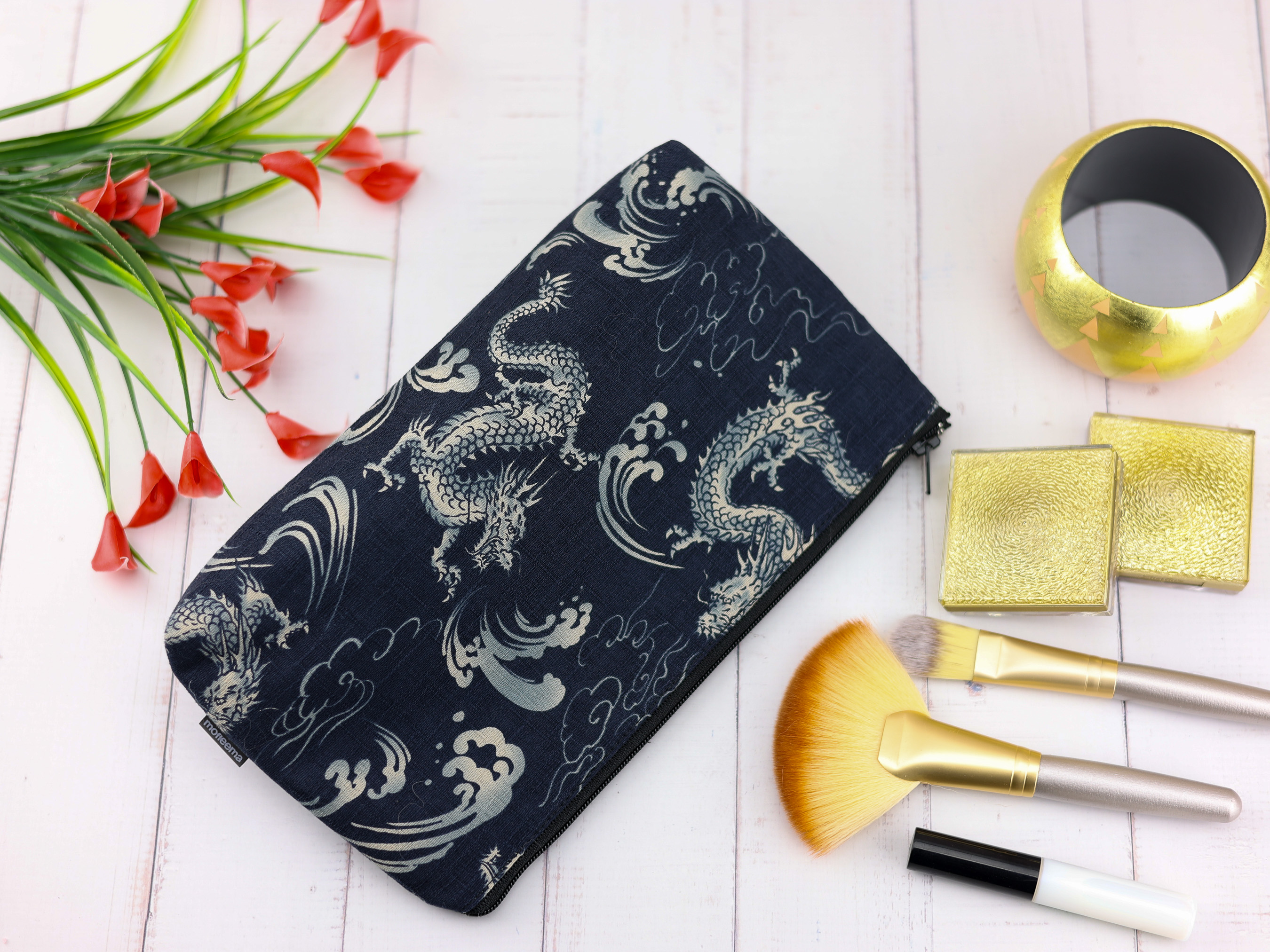 Japanese Dragon Zipper Pouch – Dark Cloud Print Makeup Bag, Cotton Organizer, Handmade Gift