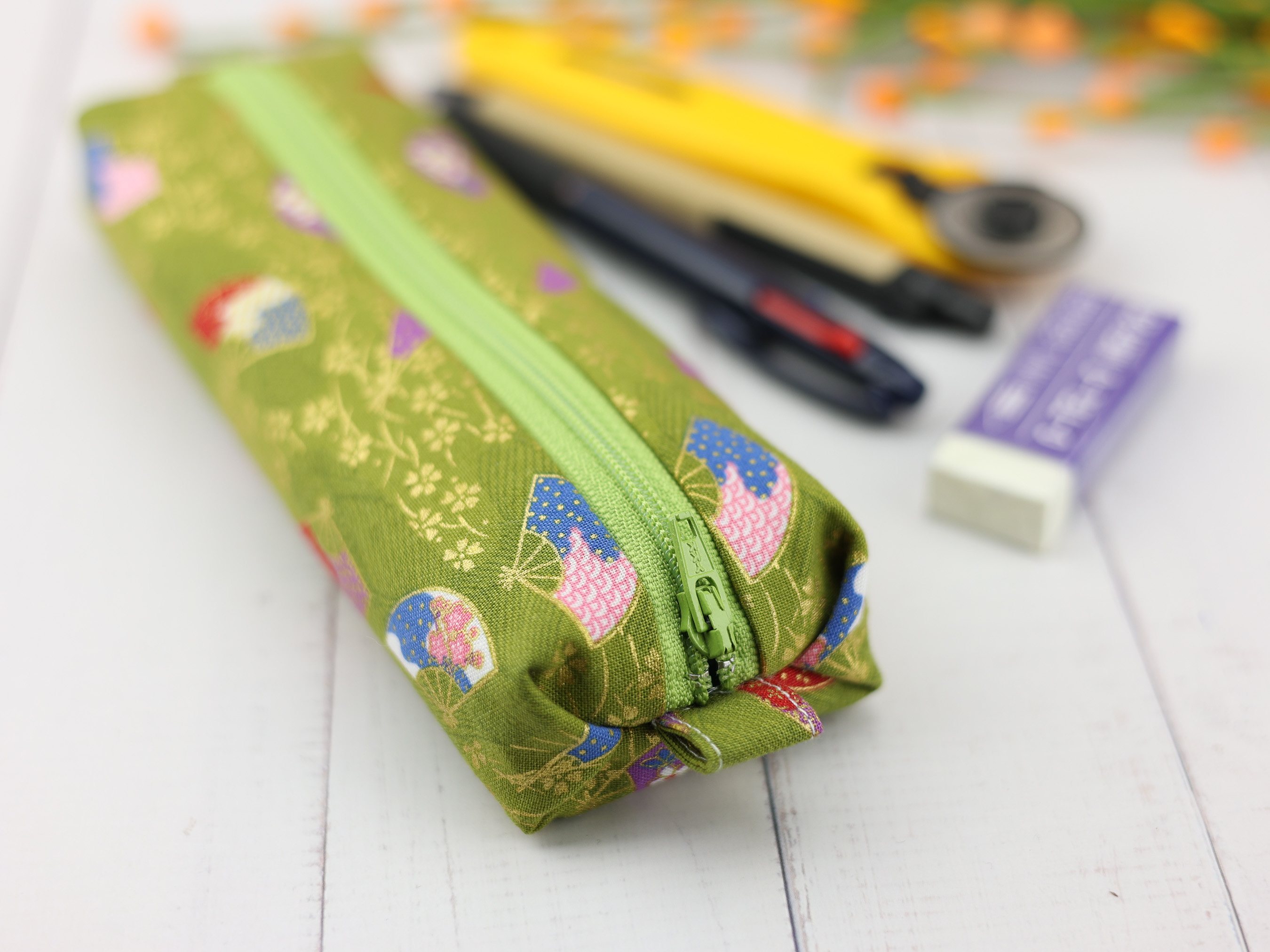 Folding Fan Zipper Pouch – Soft Japanese Pencil Case in Green Kimono Fabric, Gold Floral Accent