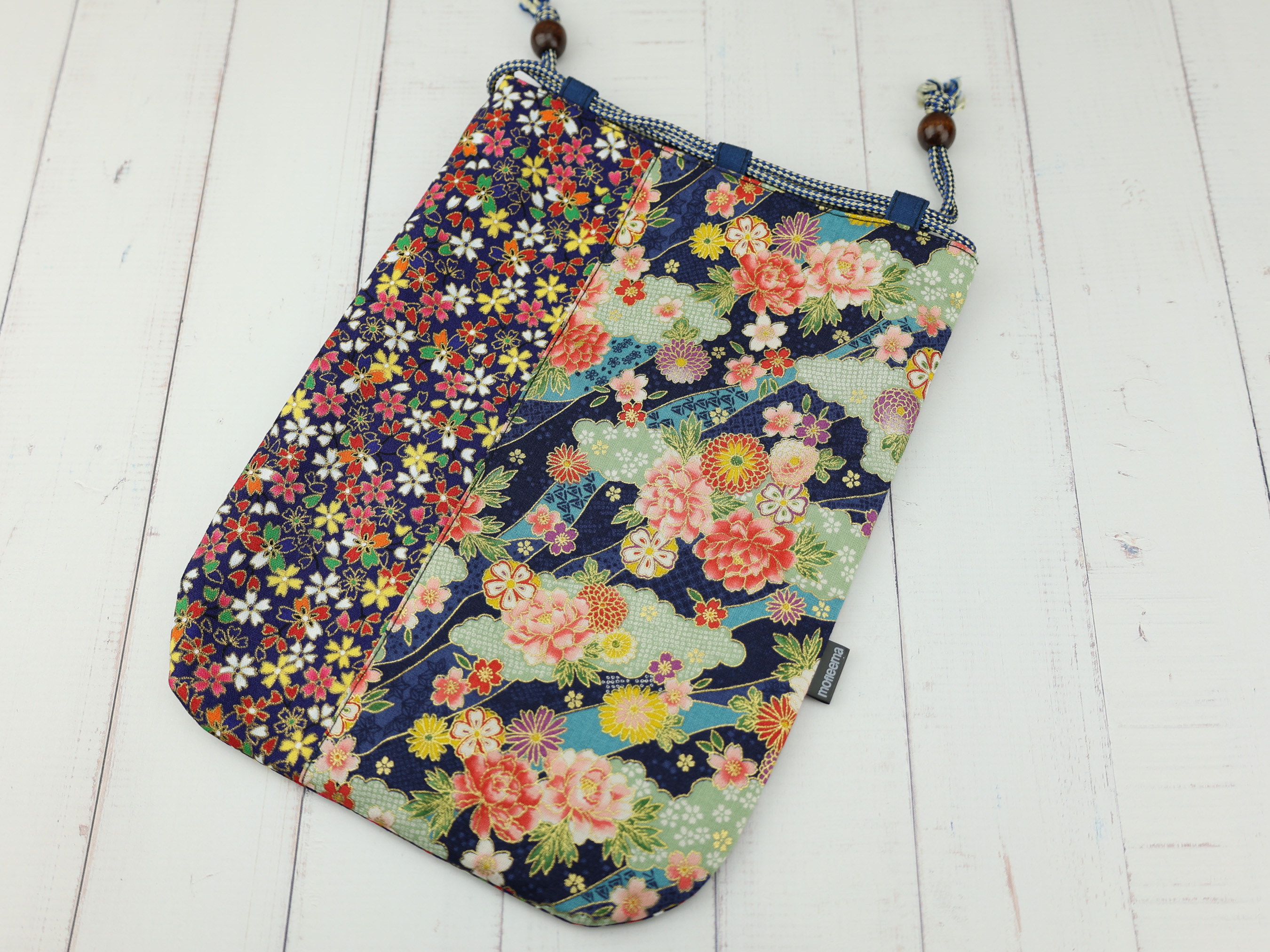 Floral Japanese Kinchaku Pouch, Colorful Drawstring Bag with Peony and Chrysanthemum Pattern