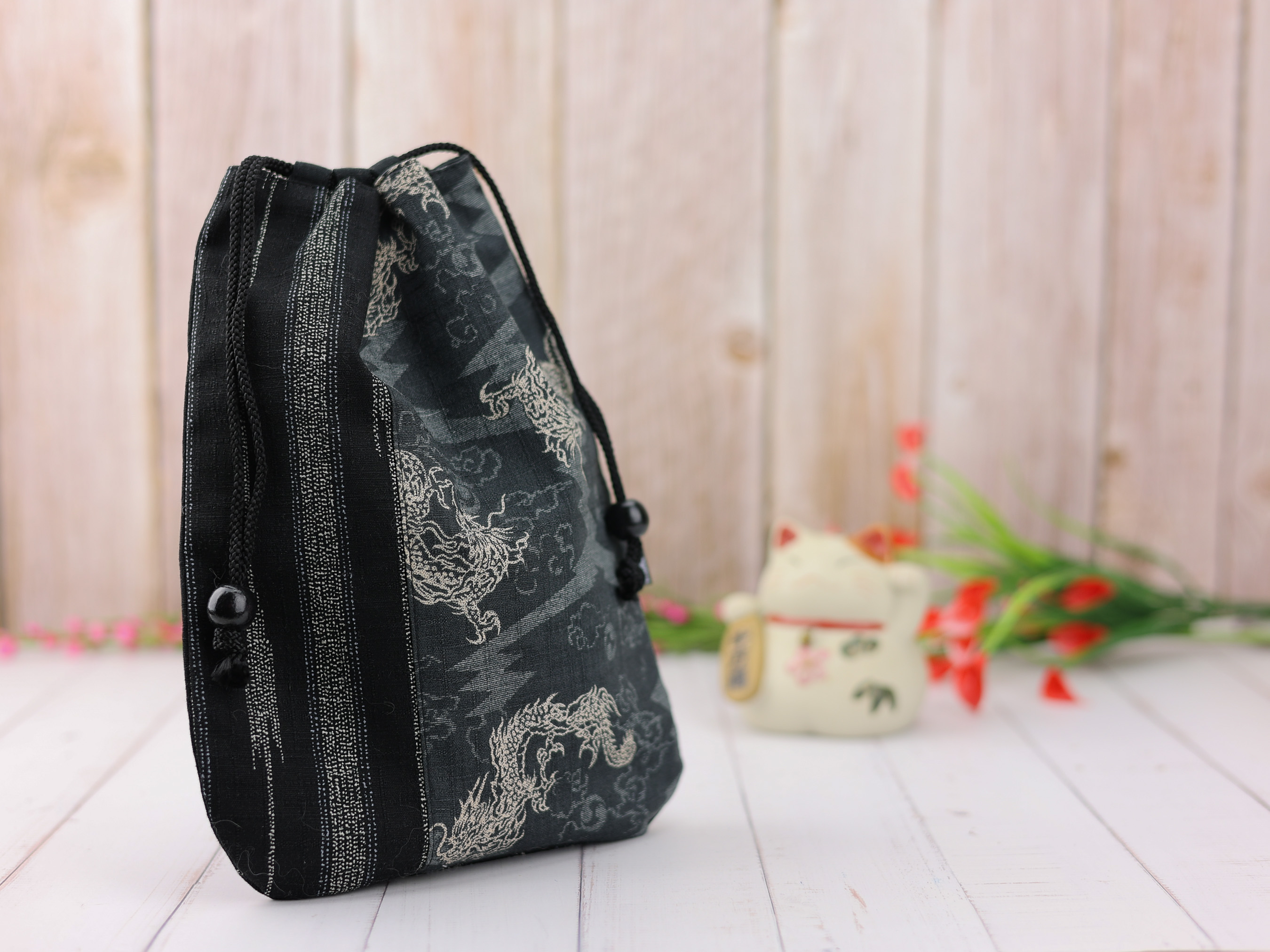 Japanese Dragon Drawstring Pouch, Black Cotton Kinchaku Bag, Handmade Gift Bag, Samurai Style