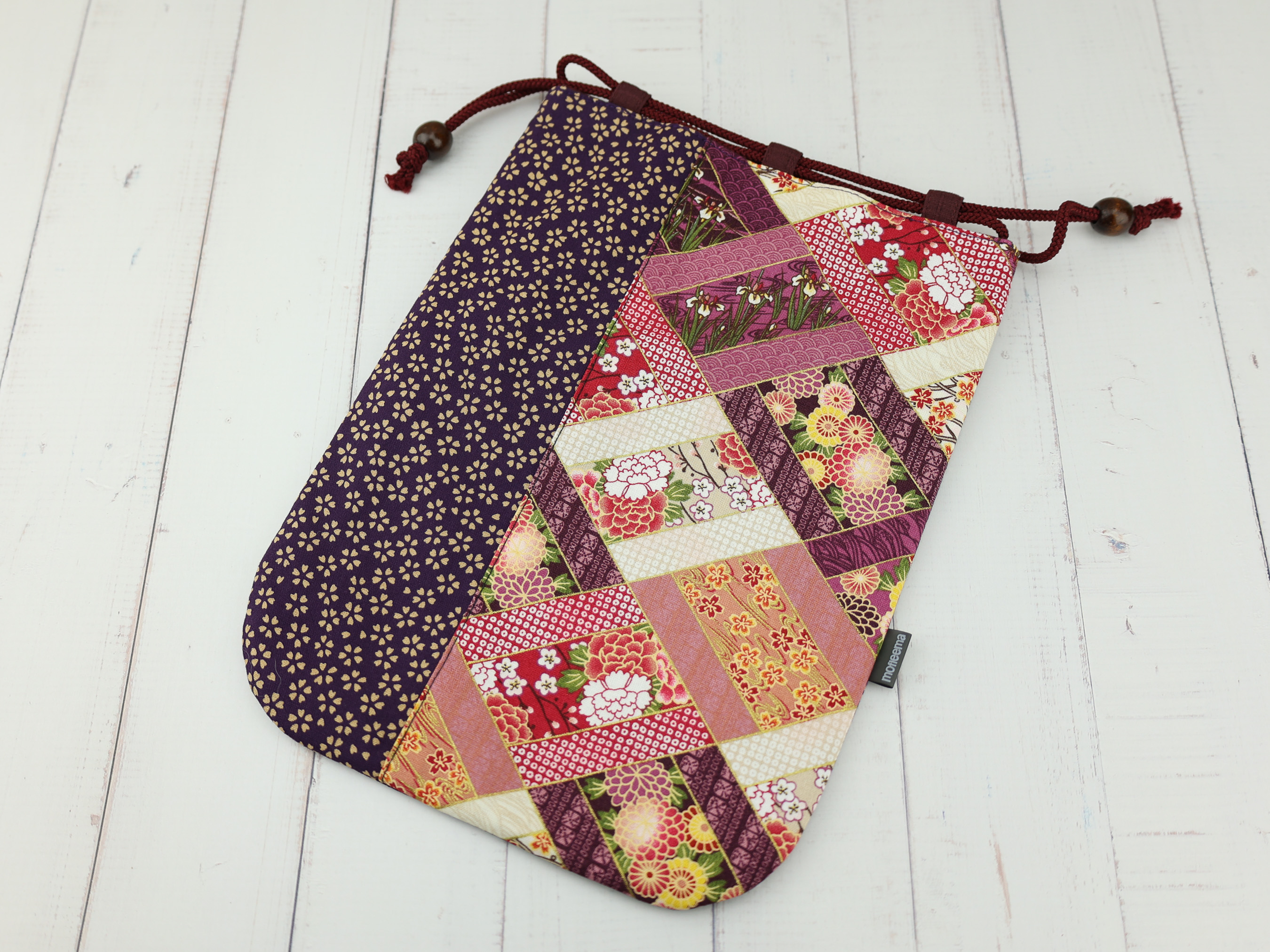 Japanese Diamond Patchwork Kinchaku Pouch, Chrysanthemum Floral Drawstring Bag, Purple Gift Bag