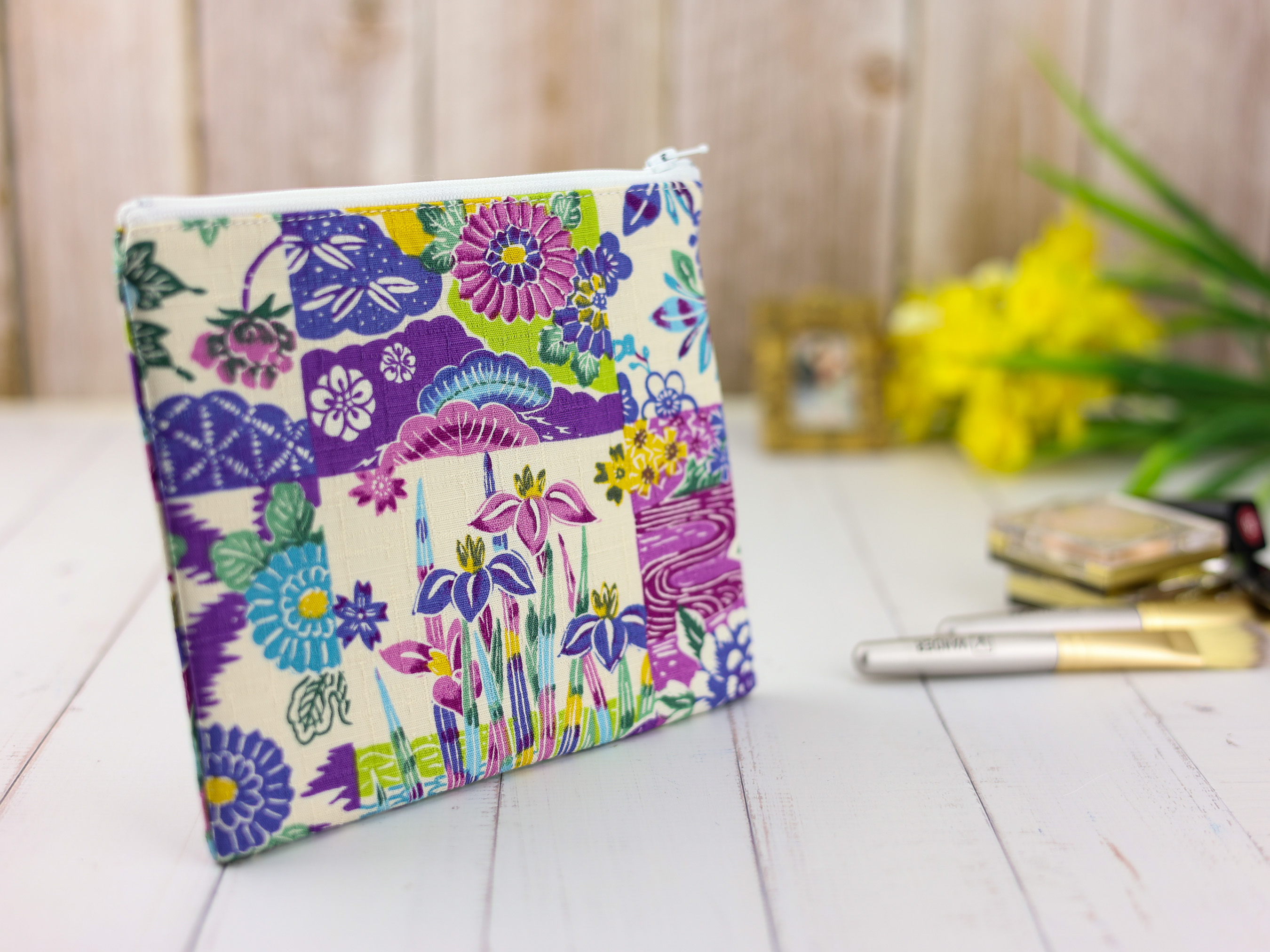 Colorful Japanese Pouch – Traditional Zipper Bag with Flowers, Bird and Geometric Wagara Mix