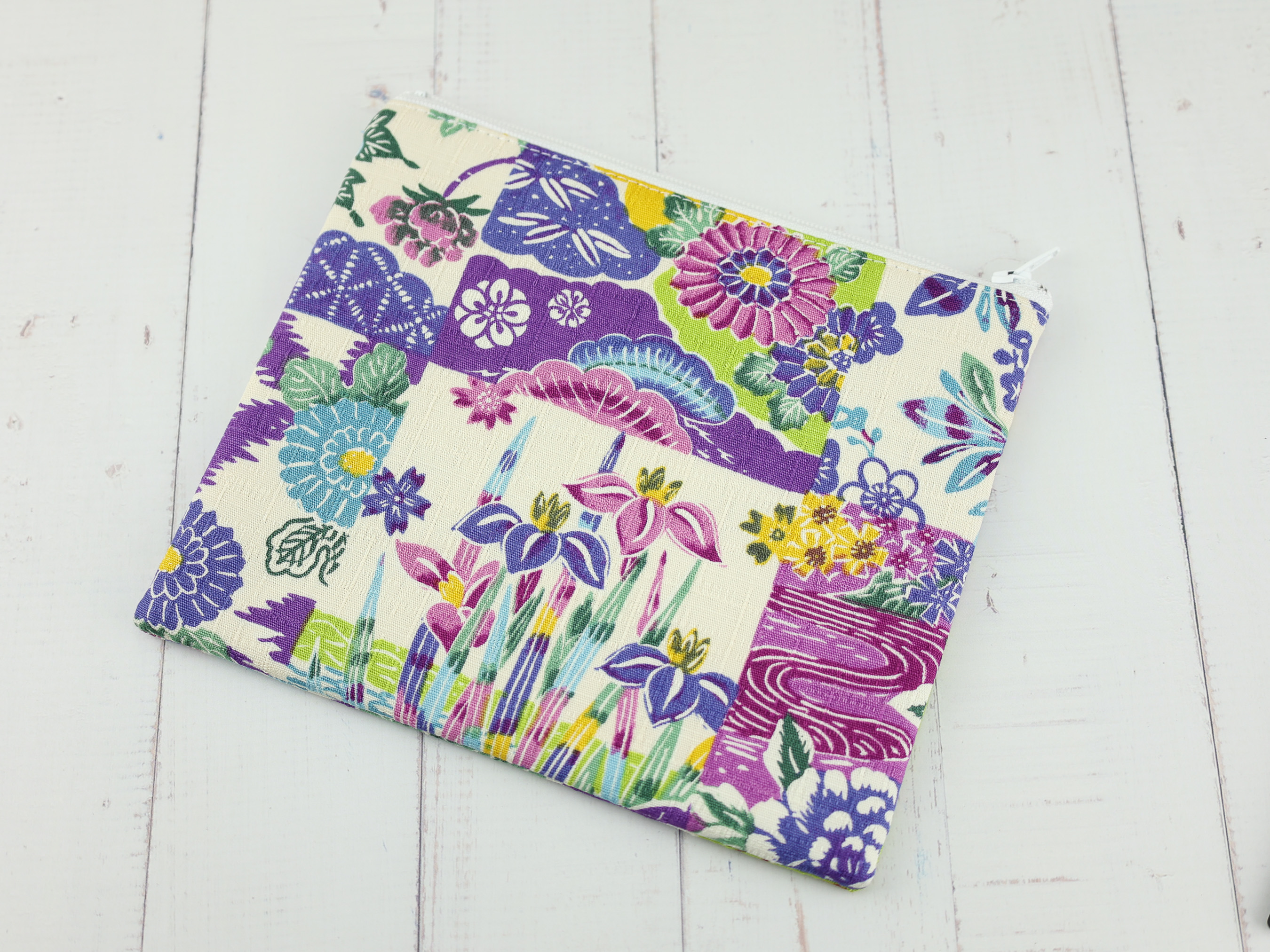 Colorful Japanese Pouch – Traditional Zipper Bag with Flowers, Bird and Geometric Wagara Mix